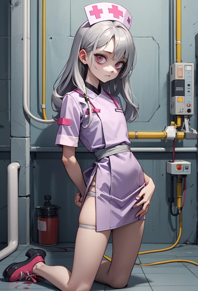 (detailed illustrations,Very detailed and precise drawing,Delicate drawn lines with tempo,Realistic texture expression),[color traced main line],Inorganic concrete room[Night Hospital],(Japan adult female[28 years old](Zombie Nurse))tied hair [SKINNY((small chest))][pale skin](sickly look[Silver eyes]),[[bandage]bondage fashion],[blood return],(Fine and beautiful skin expression [transparency]),[precisely drawn hair],(完璧な手のdetailed [Beautiful fingers with no damage [beautiful nails]]),(perfect anatomy(perfectly balanced proportions))[[full body portrait]],[ideal color coordination(Accurate simulation of light and material interactions)],([Precision Detail](detailed,High definition)),[[Pale and gentle colors]][Visual art that tells a story] [[Eros in the Natural Body]].