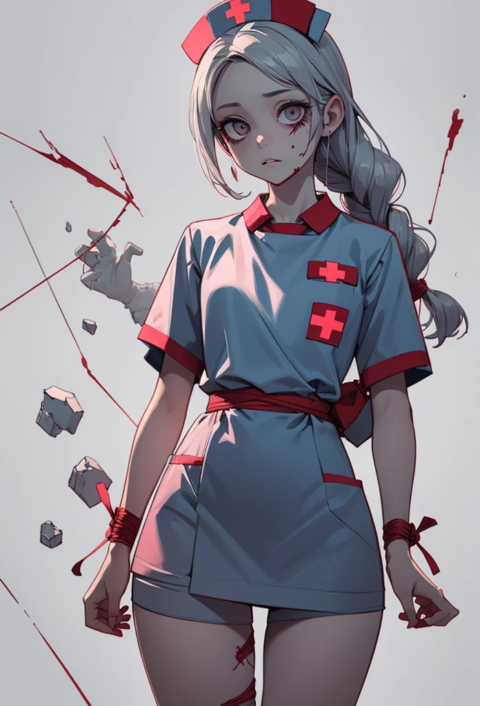 Girl nurse with a fluffy white dress, with blonde short hair, blue eye, on the other eye there is a patch with a white rose. The nurse girl had a frightened look., background abandoned hospital whose walls are stained with blood