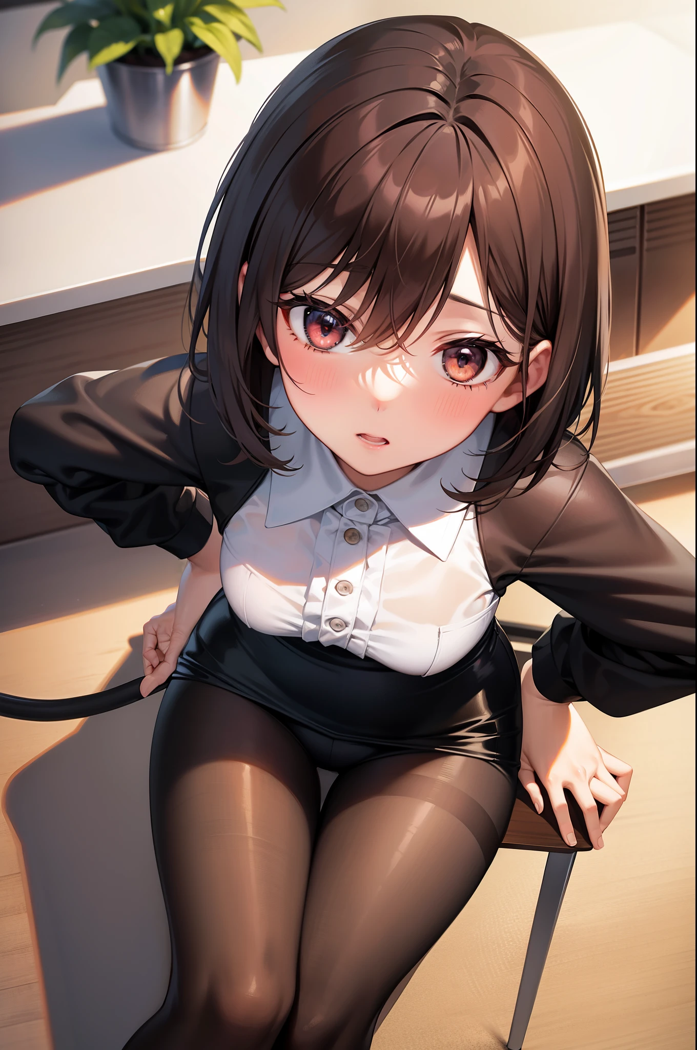 Need,tmasterpiece,Lots of detail,Highest high resolution,office room,workplace,1female,brown hair,short detailed hair,with brown eye,White shirt top,Black hip skirt,black pantyhoses,Office desk,There are potted plants on the table,There a computer on the desk、mouse。