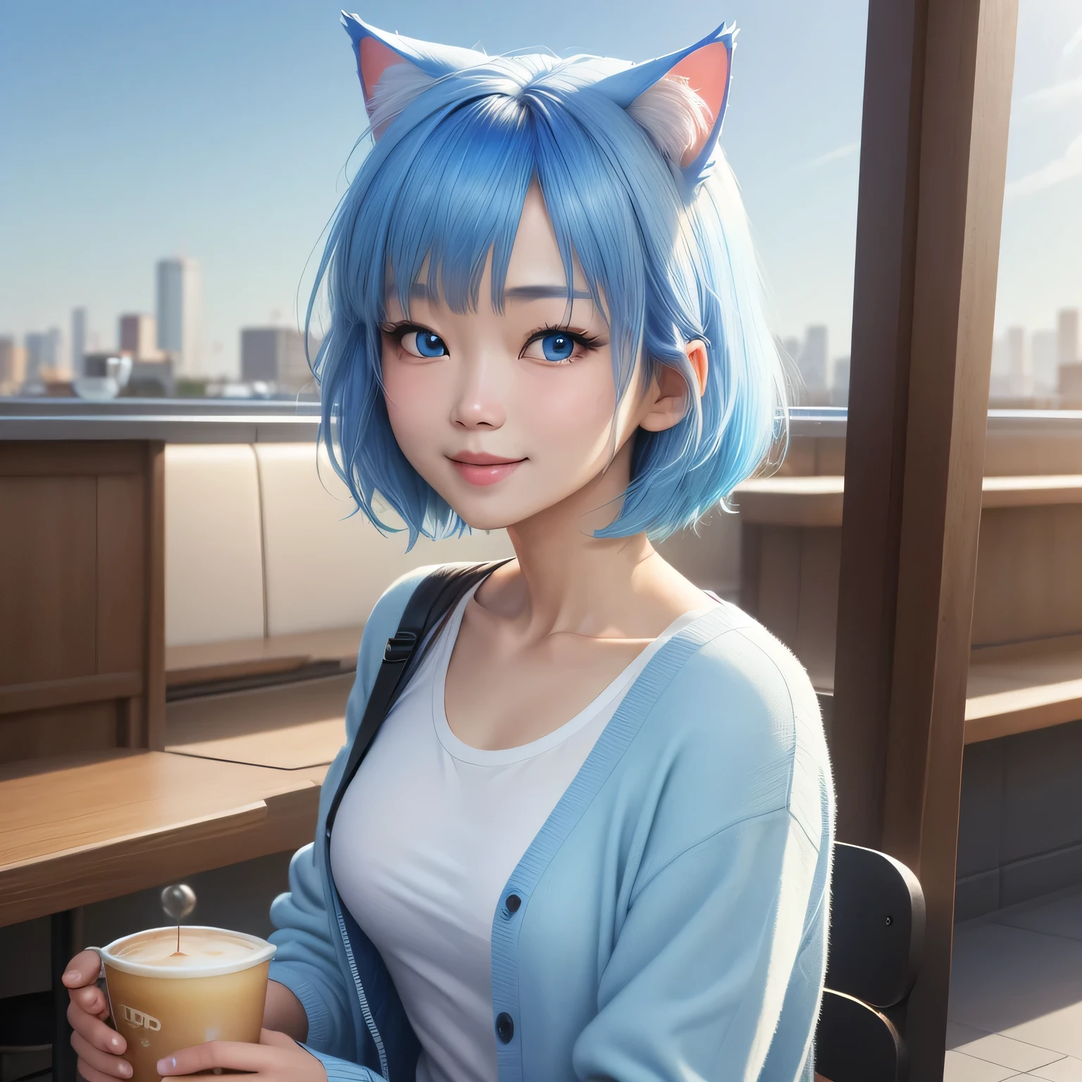 (8k, HDR, RAW photo, best quality, masterpiece:1.2, realistic lighting), medium shot view, Korean girl drinking a cup of tea, solo, (thin face), realistic beautiful face, very detailed face, smile, (bob cuts hair), ((sky blue hair)), path traced hair, (sky blue cat ears), ((sky blue eyes)), beauty eyes, (flat chest), (small breast), wearing blue cardigan with plain white shirt, (cafe:1.3), look up, upper body