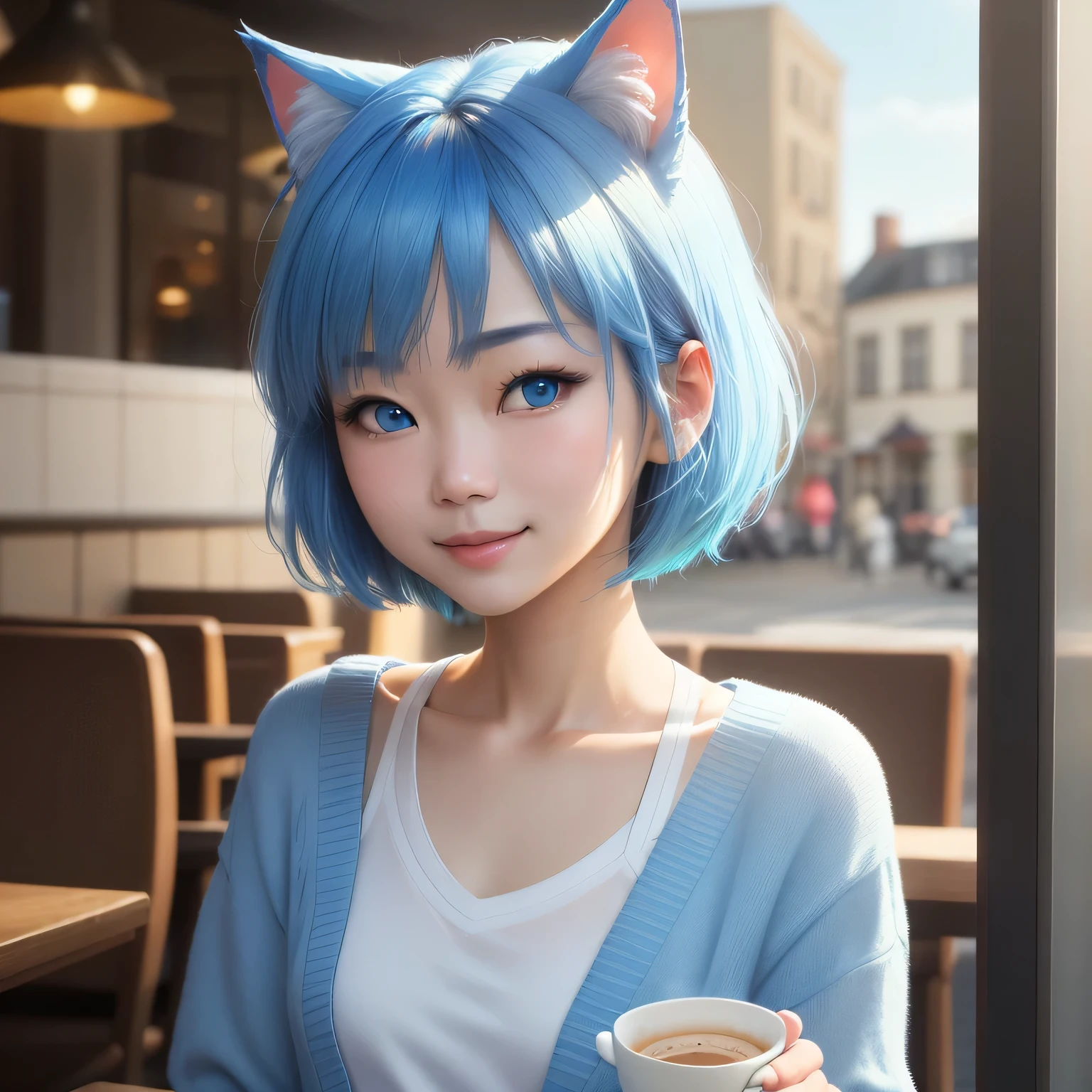 (8k, HDR, RAW photo, best quality, masterpiece:1.2, realistic lighting), medium shot view, Korean girl drinking a cup of tea, solo, (thin face), realistic beautiful face, very detailed face, smile, (bob cuts hair), ((sky blue hair)), path traced hair, (sky blue cat ears), ((sky blue eyes)), beauty eyes, (flat chest), (small breast), wearing blue cardigan with plain white shirt, (cafe:1.3), look up, upper body