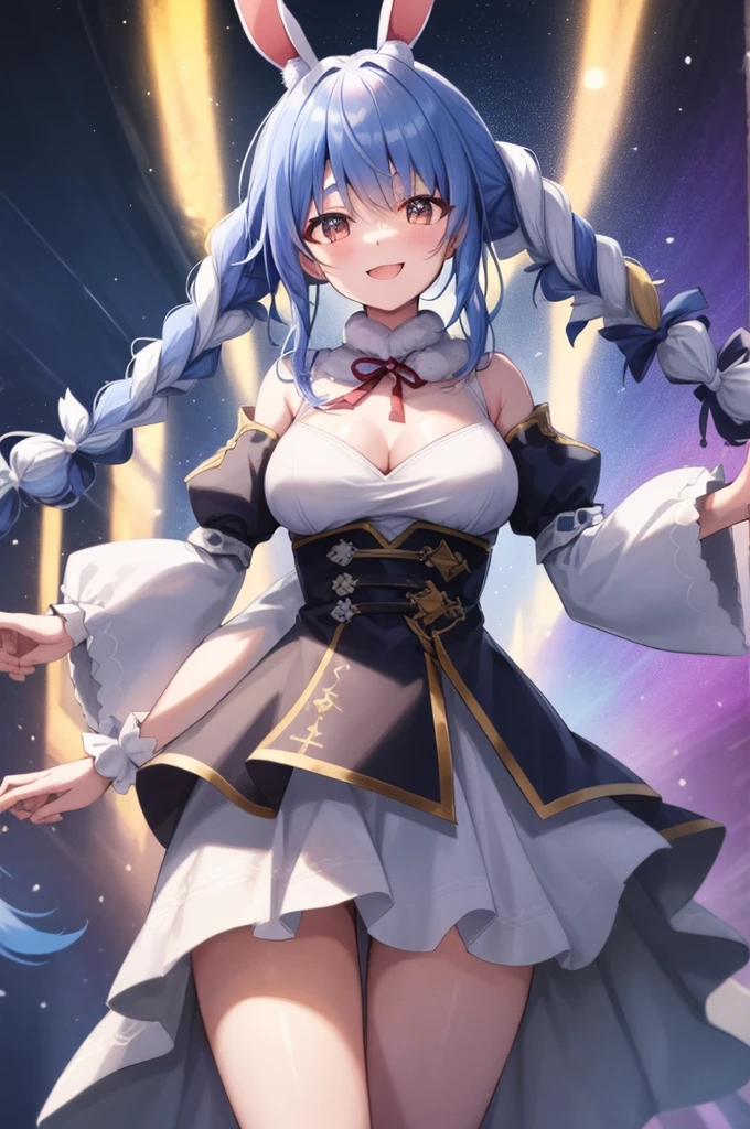 (shape: Used Pecora), Bunny girl, blue hair, twin braids, girl, alone, {{masterpiece}}, highest quality, Highly detailed CG Unity 8k wallpaper, cinematic lighting, Lens flare, beautiful detail eyes, side line, colorful light, particle, (colorful:1.5), (colorful hair:1.5),smile,fluffy clothes