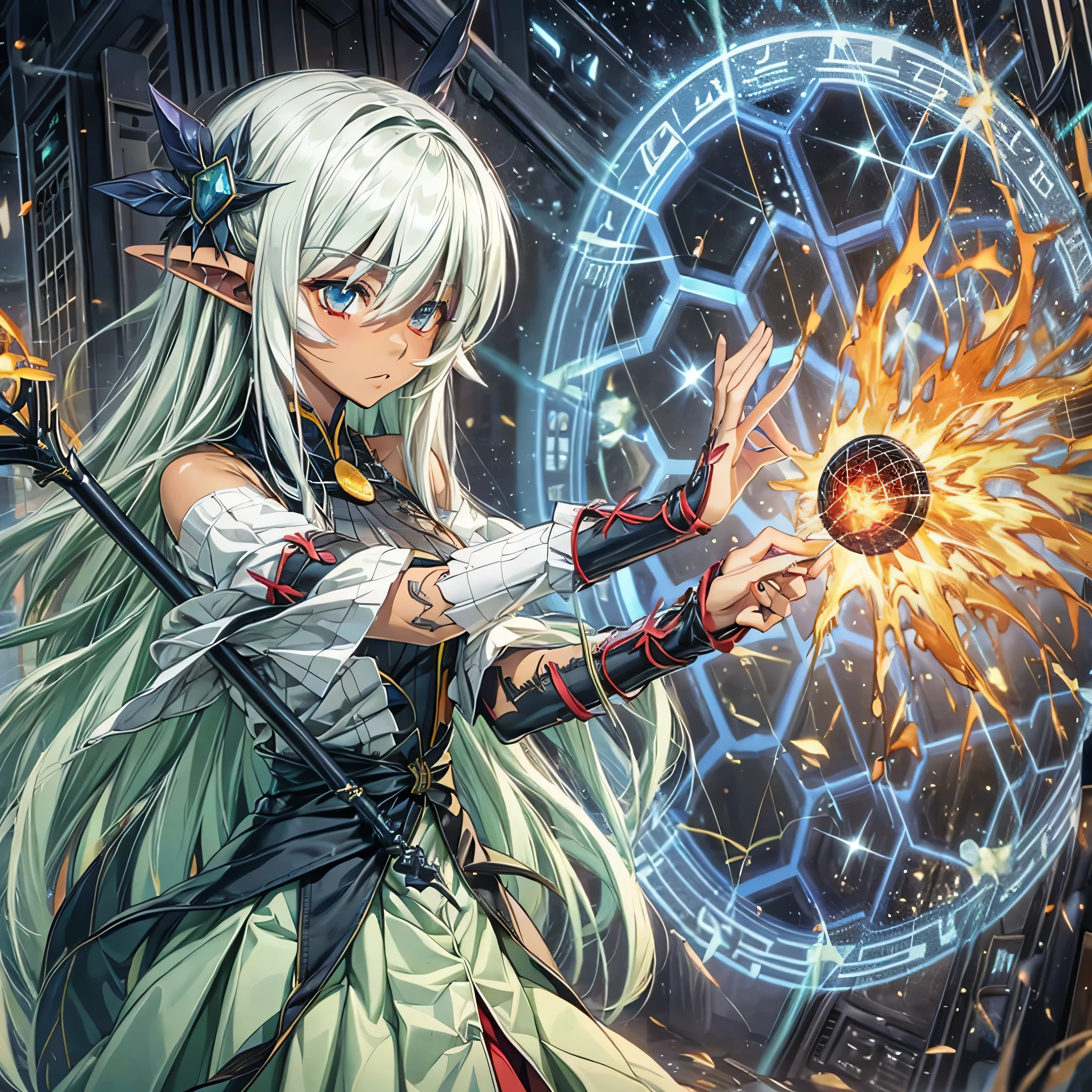 Nisei Muramasa, high quality fantasy anime flatcolor photography, dark skin elf girl with white hair, holding staff, casting magical protection of translucent hexagonal tiled barrier in front of her. evil enemy's dark flame blast are barriered by the protection.