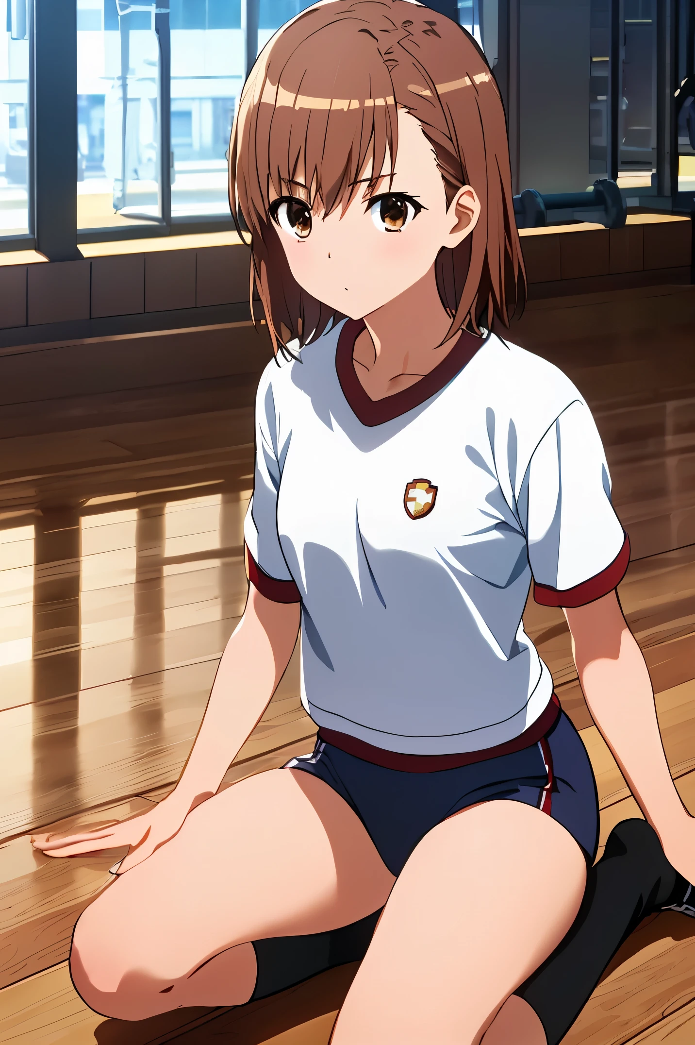 highest quality, (masterpiece:1.2), very detailed,

Megumi Kamino,
1 girl, looking at the viewer, open your mouth, smile, teeth,
brown hair, ponytail, brown eyes, Scrunchie, Heart Necklace,long white socks,
,(((black buruma, school, gym shirts, white t-shirts, gym uniform, Photo of girl in wooden floor school gym room))),buruma is bikini type ,dynamic angle ,sweat,lying 