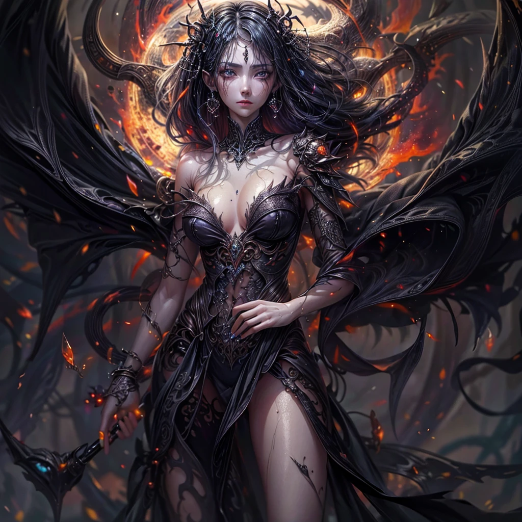 photo of pretty woman, full body, slim abs ,shiny skin ,ultra-detailed face, detailed eyes, lustrous lips ,subtle smile, black tones, realistic style with fantasy elements,charming realistic characters, (Surrealism, complex background:1.1) (ultra detailed, beautiful and aesthetic, masterpiece ,best quality:1.3)(open clothes,torn clothes,)(see-through,translucent,transparent,)(wet,wet clothes,dripping)(show off nipple,bare breasts)death's scythe with flames, death goddess, dark intricate background, grim reaper, fiery aura, ethereal presence, ominous shadows, haunting atmosphere, macabre beauty, swirling smoke, menacing silhouette, glowing embers, mystical and foreboding, eerie glow of moonlight, foretelling doom, spectral figures, chilling winds, otherworldly realm.