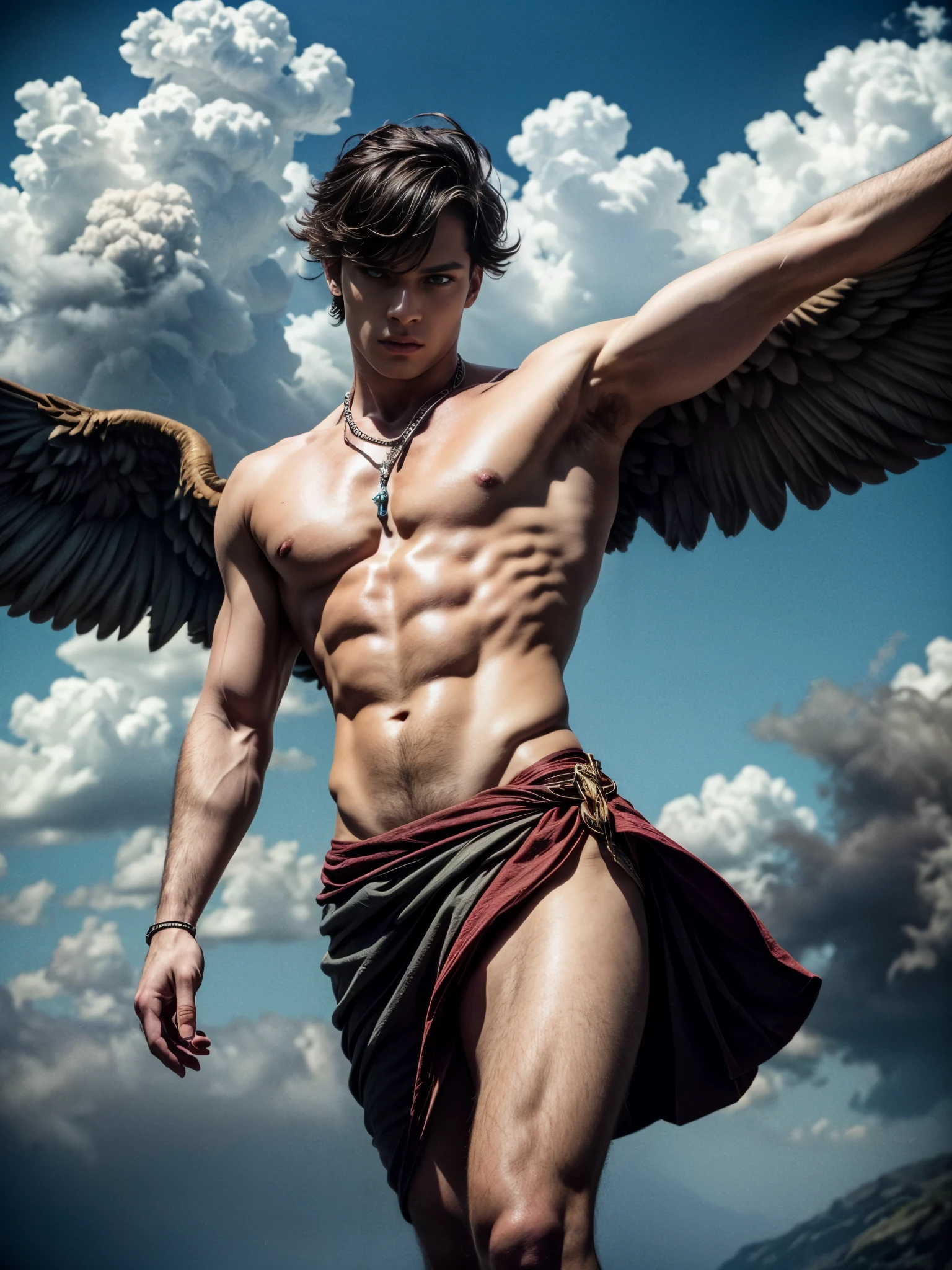 -((masterpiece)),((best quality)),8k, high detailed, ultra-detailed, Stylish Pose, real skin texture, dark cinematic lighting, 21 year-old Italian male model, barechested, shirtless, handsome italian, cute looking, divine look, powerful light greeneyes, hermes god, messanger of the gods, venus god, godly, white pale skin, roman god physic, (short dark red hair:1.3), dry redhead hair, short hair, red messy hair, strong jawline, masculine, muscular, defined fit body, hairless chest, shirtless, pantless, sinister aesthetic, sky, arm bracelet, (wings on his feet:1.4), clouds, epic clouds, (flying in the sky:1.4), flying, (in the middle of the clouds:1.5), barelegged, barechest, barefoot, white antique linen spartan loincloth, white linen antique draped cloth skirt, white fabric:, golden chain in roman skirt ,,,, backlight, cinematic lighting, Depth of field, award-winning photography, elegant, hyperrealistic, octane render, unreal, high definition, 8k resolution, highly detailed, 8k uhd, professional lighting, photon mapping, radiosity, physically-based rendering