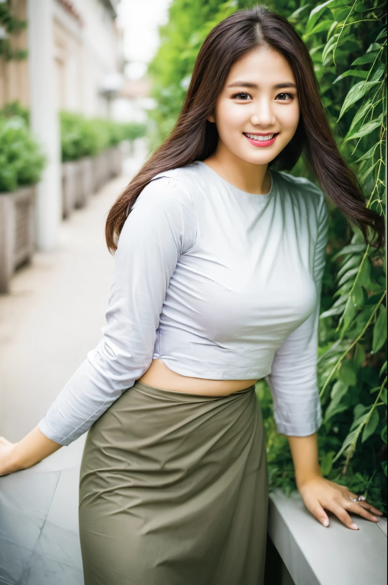 1 beautiful girl,perfect details sweet smile face,glare eyes,acmm ls outfit, wearing acmm top, olive green acmm top, long sleeves, wearing acmm long skirt, olive green acmm long skirt, printed skirt,high res,8k raw photo,photorealistic,details