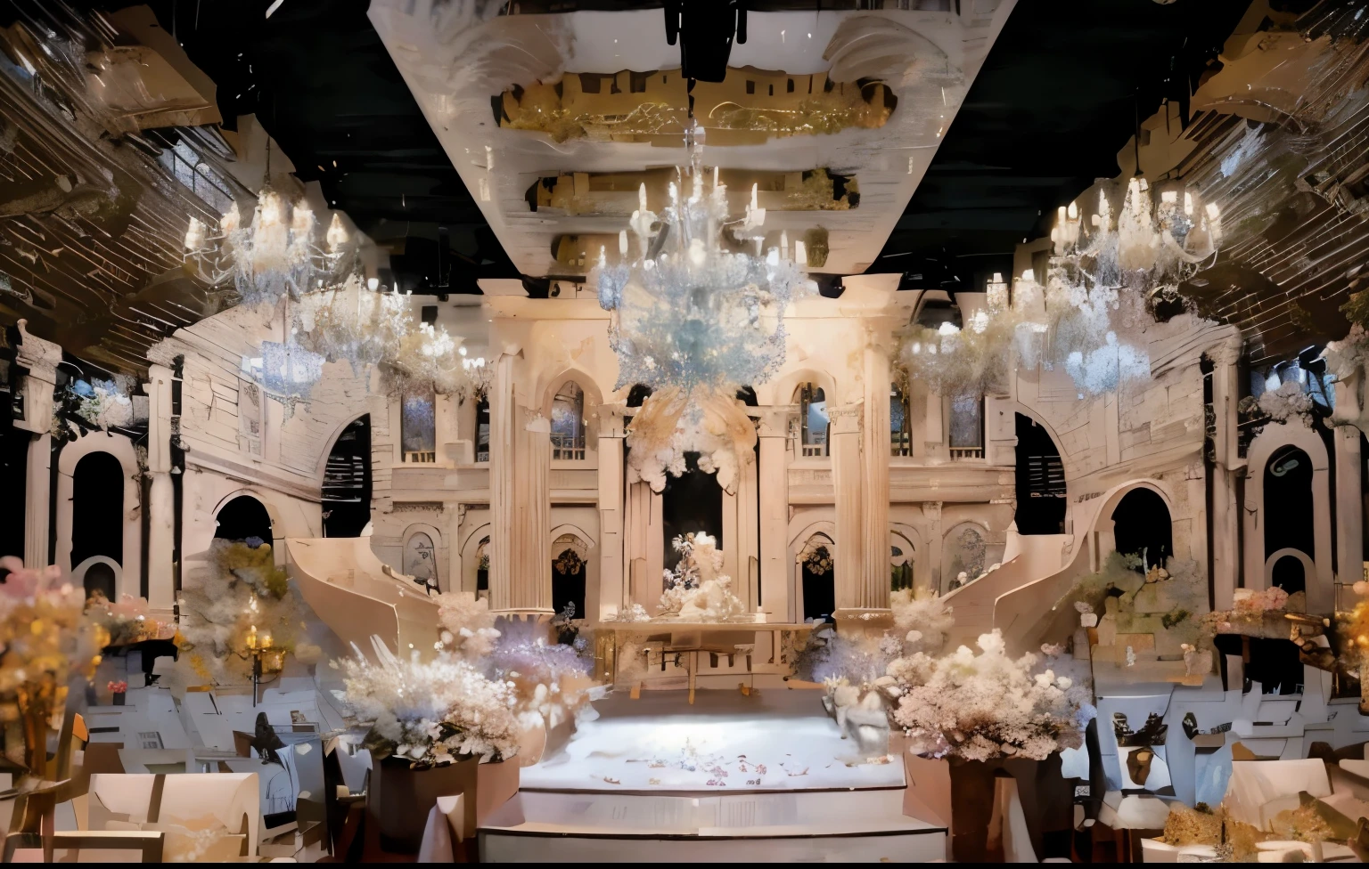 Wedding scene,stoolrench wedding,castle,stairs,white crystal lamp,Floralism,Anime Landscape Concept Art, 动漫background art, magical environment, background art, landscape artwork, fantasy magic vegetation, fantasy painting style, Whimsical fantasy landscape art, in bloom greenhouse, nice environment, dreamy and detailed, Very detailed digital painting,
