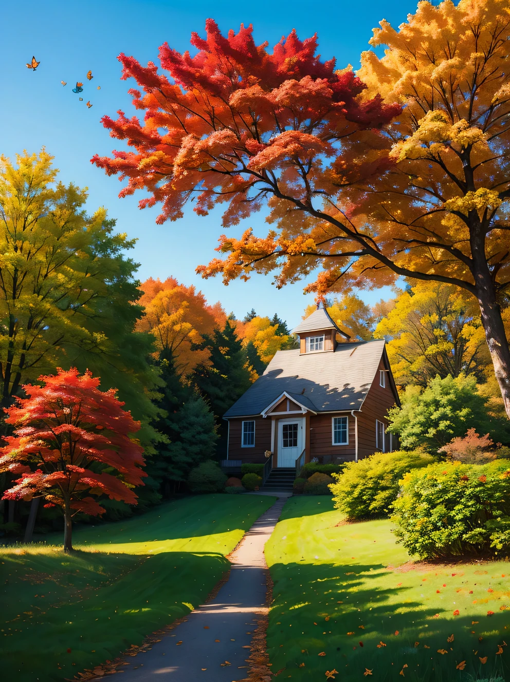 amanda clark style, Stunning natural landscape, church，Kanas in autumn，Under blue sky and white cloudaple leaves and blue butterflies dancing in the wind。. sky shot，And the gentle sunshine，a beautiful picture