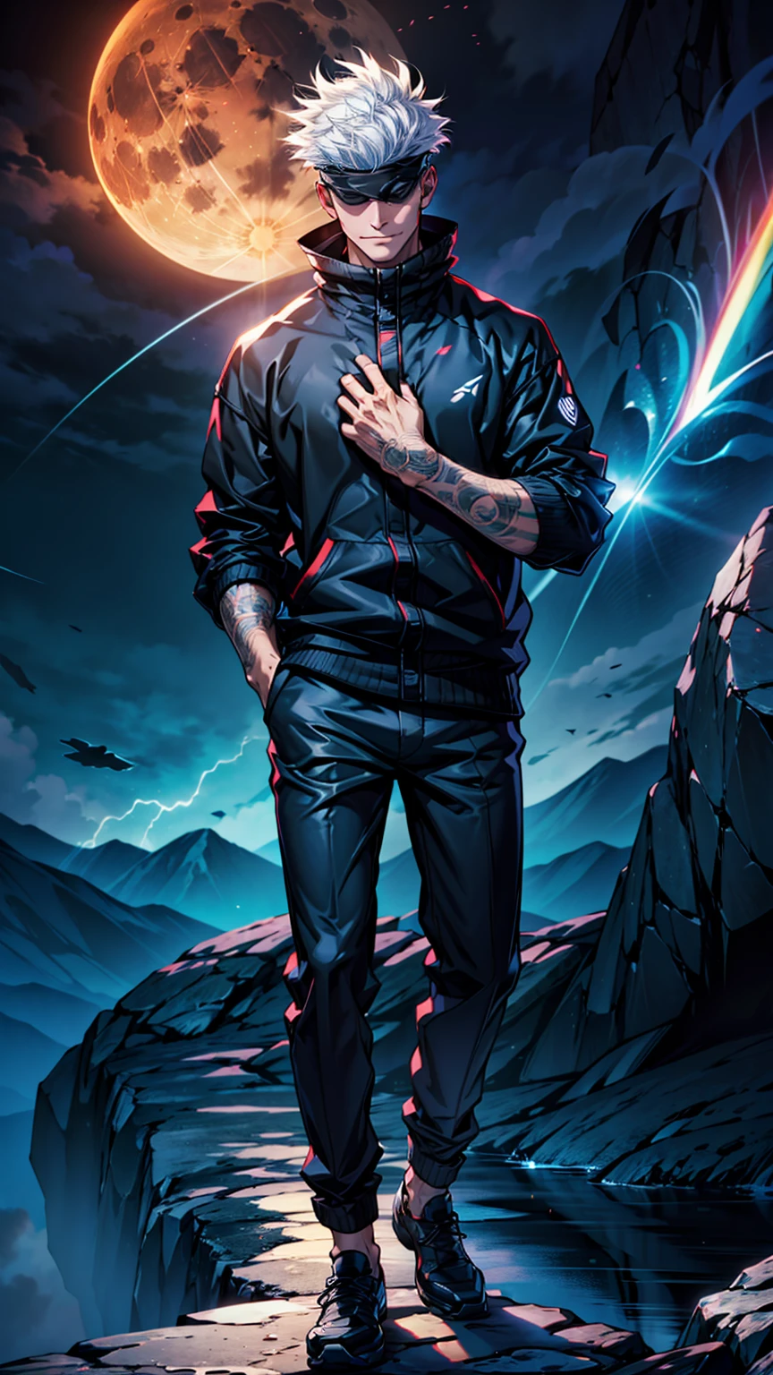 1boy, full body shot, perfect hand and fingers, satoru gojo, blindfold, black outfit, white hair, yoga hand pose, energy in hand, smirk, red and blue moon background, wallpaper, cinematic,High resolution 8K, Bright light illumination, lens flare, sharpness, masterpiece, top-quality, The ultra -The high-definition, high resolution, extremely details CG, Anime style, Film Portrait Photography,masterpiece,hyperdetail