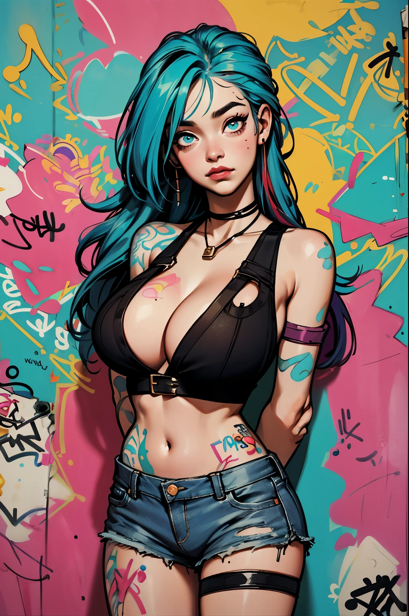 masterpiece, best quality, 1girl, solo, crop top, ((colossal cleavage:1.3)), denim shorts, choker, (graffiti:1.5), paint splatter, arms behind back, against wall, looking at viewer, armband, thigh strap, paint on body, head tilt, bored, multicolored hair, aqua eyes, headset, peepshow, nipslip