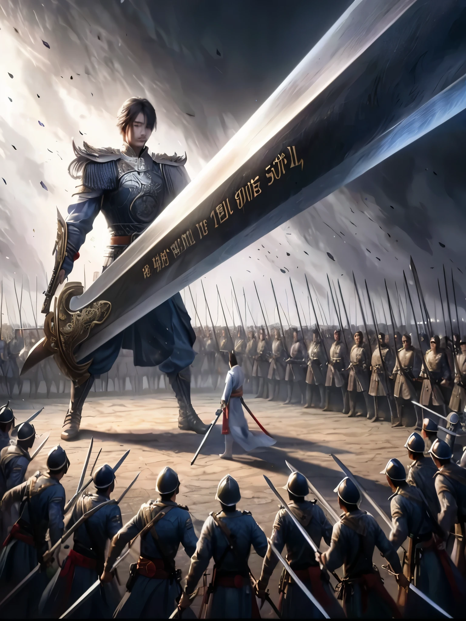 There a man standing in front of a group of soldiers holding a sword, 手持huge sword, huge sword, 手持一把huge sword, Great sword, holding a Great sword, Greatsword, holding a Greatsword, 带着Great sword, huge oversized sword, author:Li Song, author:Yang Jie, author:Zhang Chengye, wielding a mighty sword
