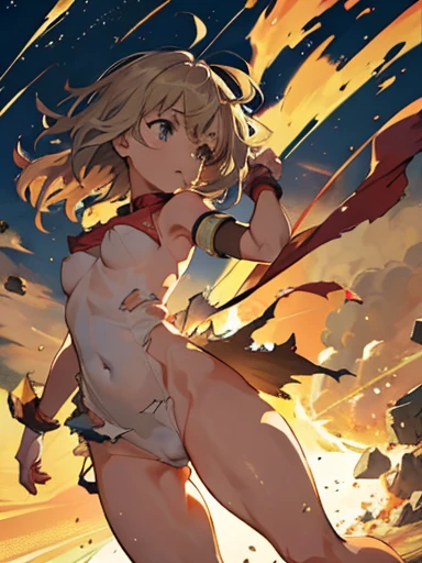 jump gundam nudist、Torn clothes are scattered around、Unstable buoyancy sandstorm、amazing dynamism、great angle、