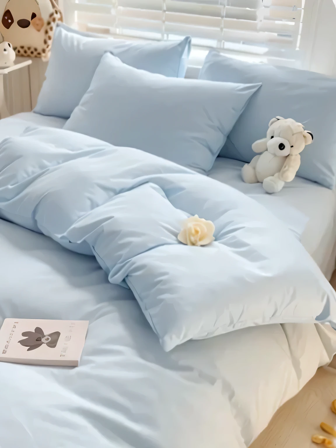 there a teddy bear sitting on a bed with blue sheets, pastel blue, blue soft details, light-blue, soft. high quality, soft cute colors, very detailed and high quality, extremely realistic, pale blue, large comfy bed, dreamy, messy bed, bed, blue: 0.5, tight light blue neopren suits, pastel', semi-realistic