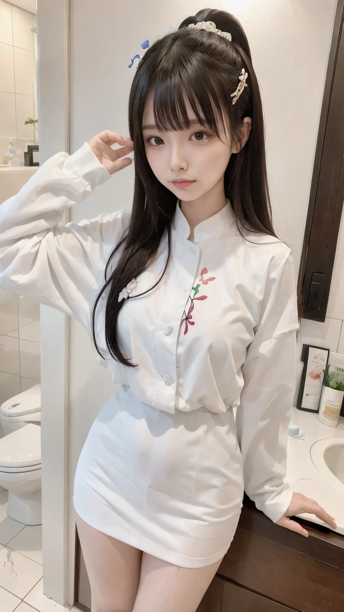 araffe asian woman with colorful hair posing in a bathroom, a photorealistic painting inspired by Leng Mei, trending on pixiv, shin hanga, seductive anime girl, full body xianxia, trending at cgstation, trending on cgstation, anime girl , sakimichan, beautiful alluring anime woman, smooth white tight clothes suit