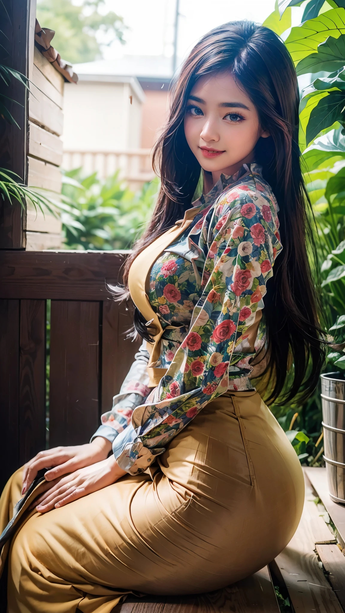 1 beautiful girl,perfect details sweet smile face,glare eyes,acmm ls outfit, wearing acmm top, olive green acmm top, long sleeves, wearing acmm long skirt, olive green acmm long skirt, printed skirt,high res,8k raw photo,photorealistic,details