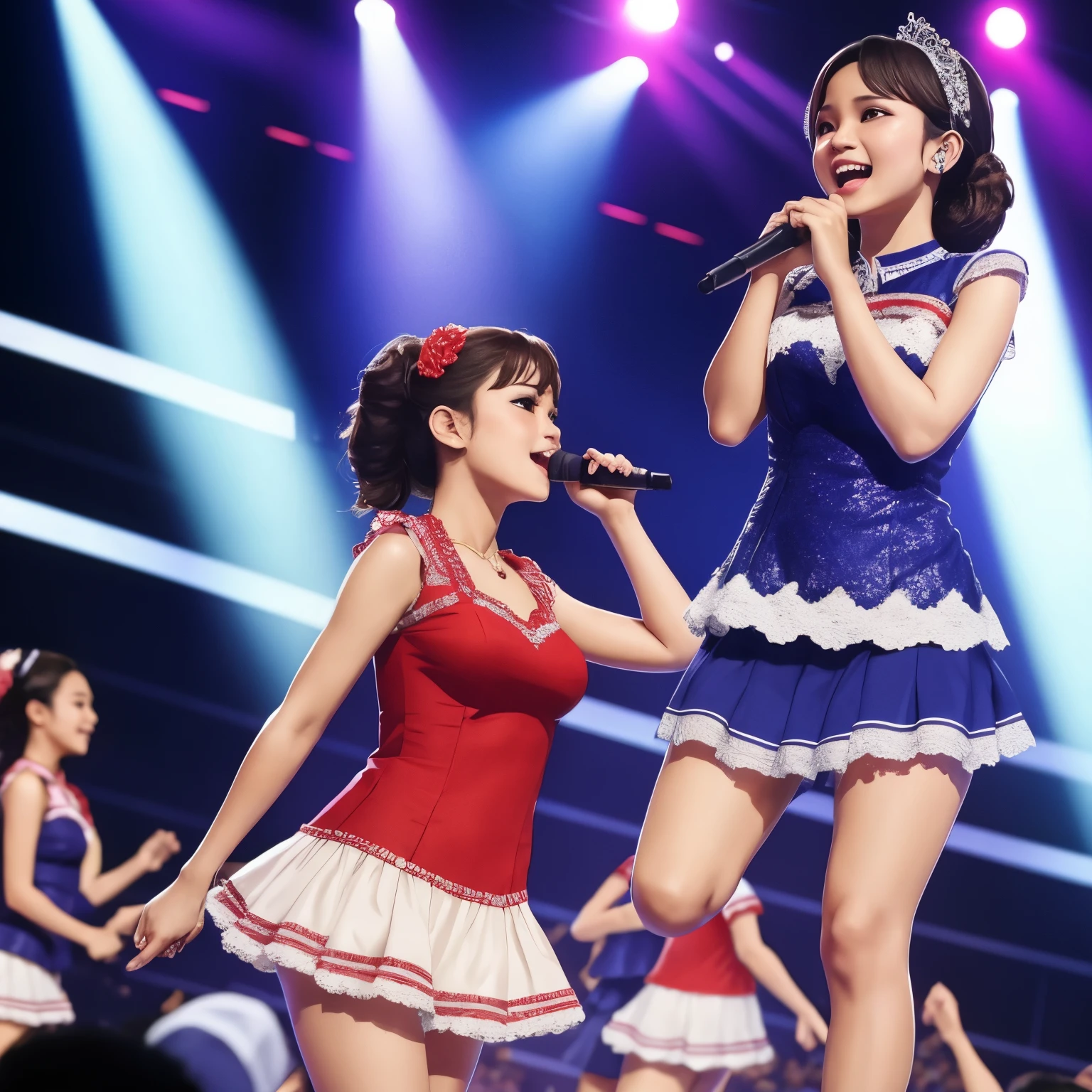 
masterpiece, ((Highest quality))、Idol Concert、(three cute naked girls、A good friend、sing、dance、kawaii:1.4、、smile:1.3、smile、Idol&#39;s clother.々Hair style、pubic hair)、(((Full nudity、tits、Pussy)))、(Realistic and detailed skin texture、hair ornaments、Concert Stage)