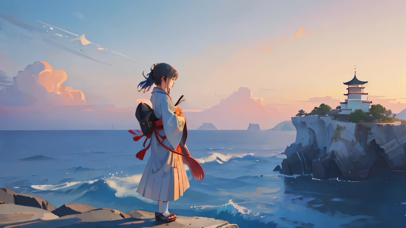 A girl, a beautiful girl, Japanese traditional clothes, she is standing on the cliff. The rock faces, cliffs, and splashes of the waves were so natural that I was almost paralyzed with fear. I fall down again and again. And I will rise.