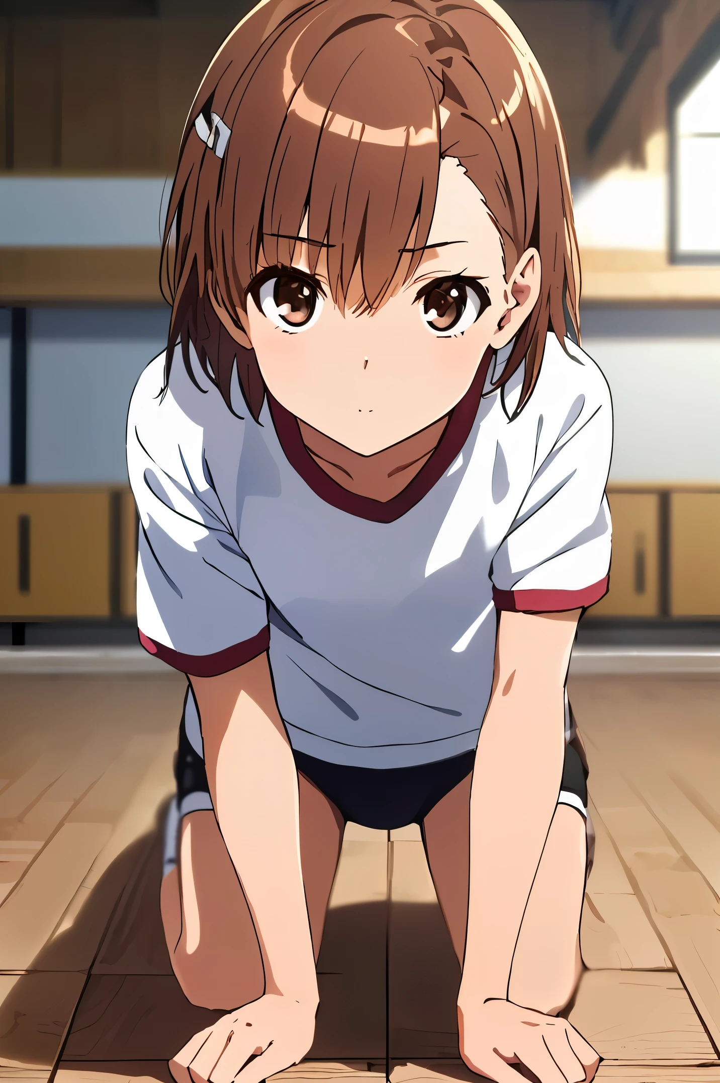 masterpiece, highest quality, superior_Mikoto, brown eyes, short_hair, small_chest,misaka mikoto , (((black buruma, school, gym shirts, white t-shirts, gym uniform, Photo of girl in wooden floor school gym room))),buruma is bikini type ,all fours,crawling,looking at viewers 