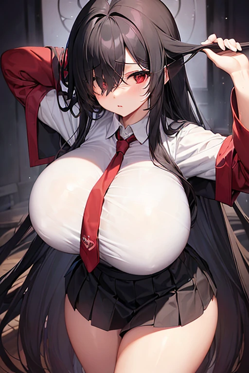 (((hair above one eye)))、((thin waist))、(((huge breasts、gigantic breasts)))、((Very Longhair、black hair、white skin、school uniform、skirt、red cheeks、dark atmosphere、tall))、(((tall)))、((Strange expression)))