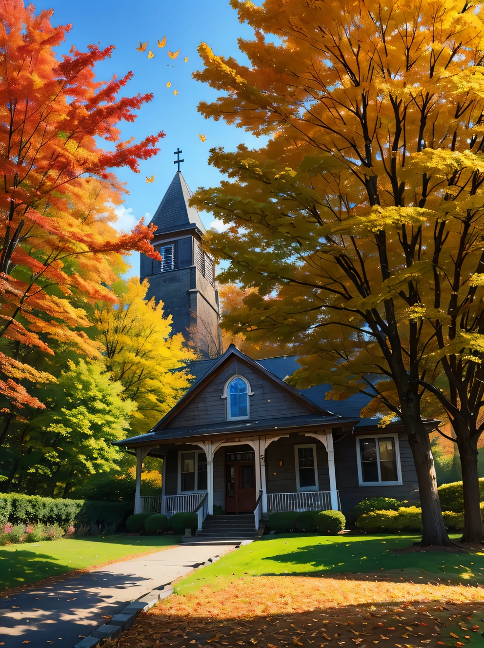 amanda clark style, Stunning natural landscape, church，On the clear blue sky in Kanas autumn，Many maple leaves and blue butterflies dancing in the wind. Shot on the same day，And the gentle sunshine，a beautiful picture