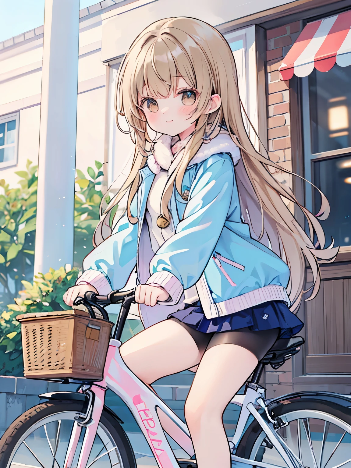 (Top Quality, 4K, High Resolution, Masterpiece), ((Perfect Anatomy)), Cute Girl, Chibi, (Light Brown Hair, Long Hair, Brown Eyes), ((👄)), Smile, BREAK, Pastel Colored Stylish winter clothes, warm and stylish down jacket in pastel colors, BREAK, girl riding a bicycle, ((🚲)), Bicycle specialty store