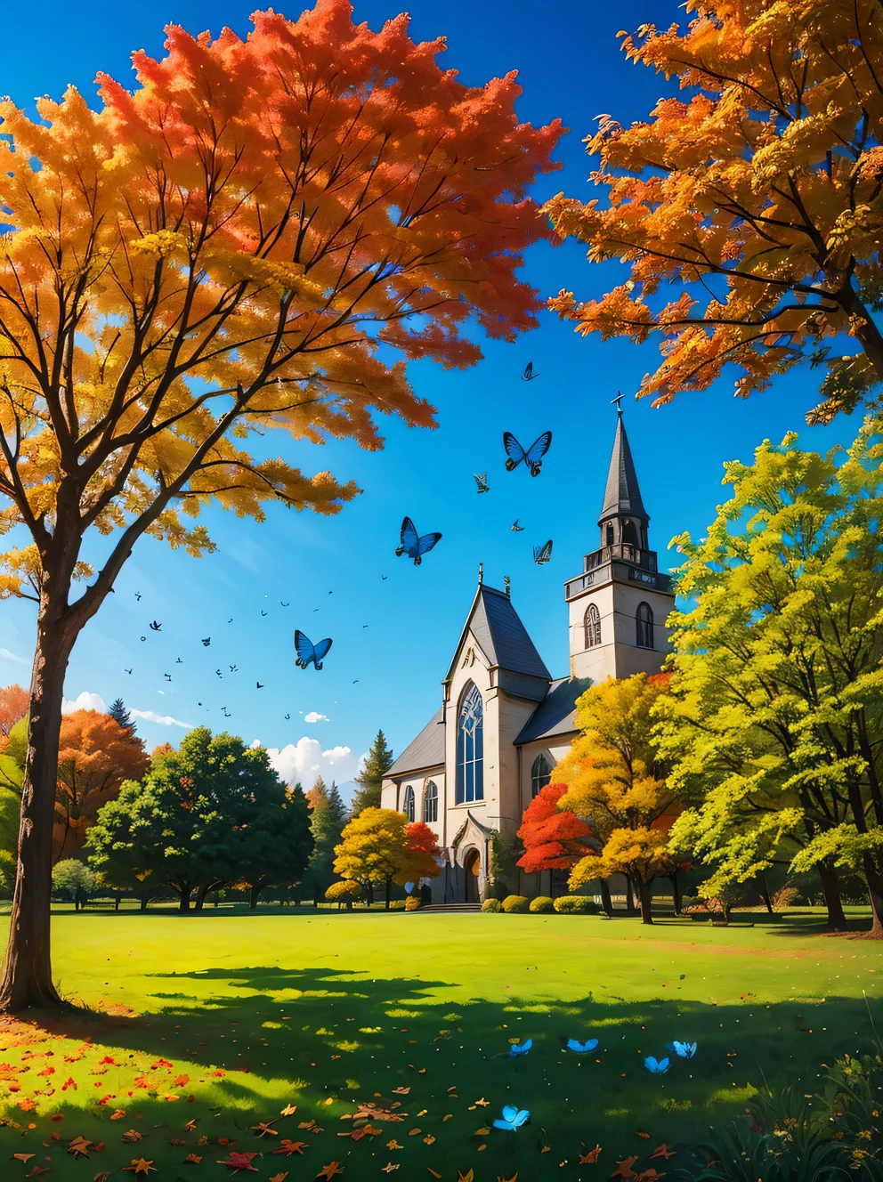 amanda clark style, Stunning natural landscape, church，On the clear blue sky in Kanas autumn，Many maple leaves and blue butterflies dancing in the wind. Shot on the same day，And the gentle sunshine，a beautiful picture