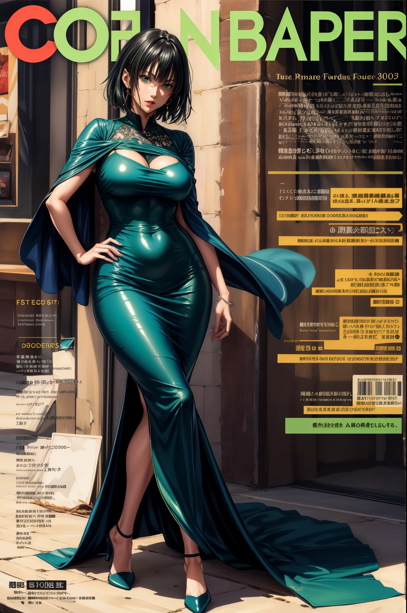 fubuki, (Best Quality, Masterpiece), Front cover，solo, 30 years old, green lipstick, Contempt, pride, hourglass figure, high heels, beautiful food, text, diagrams, advertisements, magazine title, short black hair,green detailed sparkling eyes,