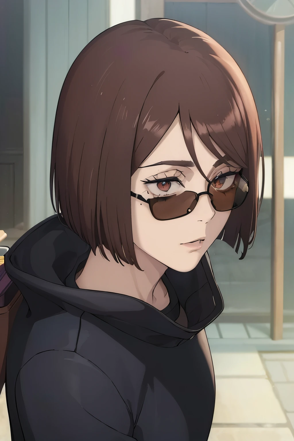 (Masterpiece: 1.4), (Best quality: 1.4), 1 girl, \(Jujutsu Kaisen\), Uniform, short hair, brown hair, mole under the eye, brown eyes, (Ieiri Glass \(Jujutsu Kaisen), ((wearing sunglasses)).