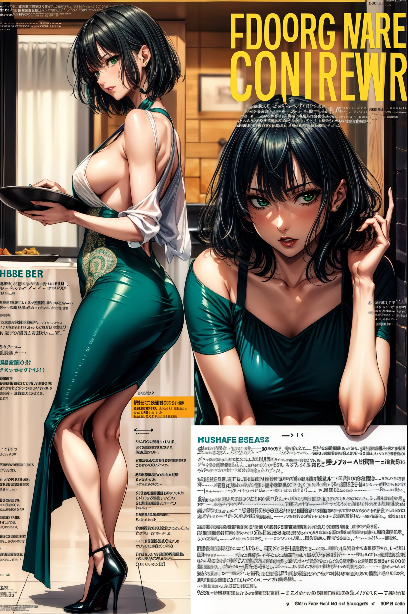 fubuki, (Best Quality, Masterpiece), Front cover of a women's cooking magazine,  1girl, 30 years old, green lipstick, Contempt, pride, hourglass figure, high heels, beautiful food, text, diagrams, advertisements, magazine title, short black hair,green detailed sparkling eyes,