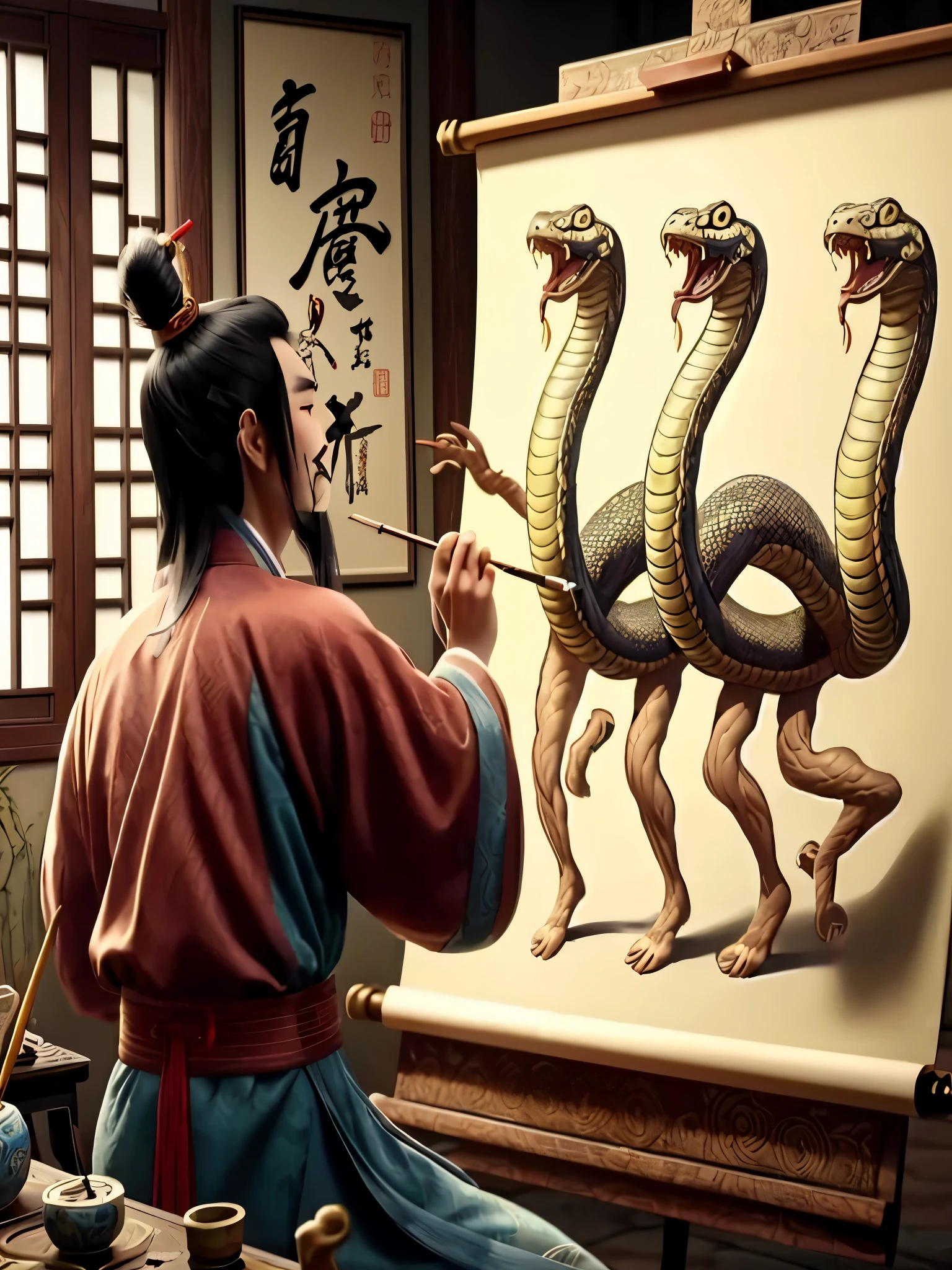 An ancient Chinese man draws a snake, snake art, Chinese mythology, Chinese hyper reality, 写实幻想painting, Artist's epic paintings, inspired by Wu Daozi, 详细painting 4 k, Taoist priest, ancient chinese art style, painting, Coiled realistic snake, Inspired by Dong Yuan, painter