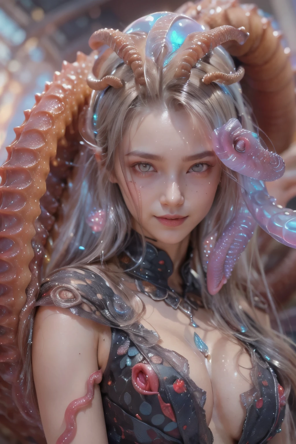 scary and sexy detailed art in color, Portrait, (beautiful and obscene female alien:1.4), (vulgarity1.5), (she has red eyes with no pupils:1.8), (Translucent skin:1.7), (There is a female genital-like organ in the middle of the forehead:1.9), (The most beautiful face in the history of the universe:1.2),an evil gaze that seduces, (large mouth:1.1), (sharp teeth like a vampire:1.2), Full body portrait, (bio luminescent:1.5), (Smile wickedly:1.3), (sexypose:1.5), alien, No humans, cells are fused, (Lots of translucent tentacles:1.3) extraterrestrial, cell, bio image, best quality, 8K,In 4K_quality, High freshness, Dramatic Lighting, masutepiece:1.5,cinematic quality, detail up, (exquisite details:1.2), high resolution, High freshness, drawing faithfully, (Thick eyebrows:1.2), Beautiful eyes with fine symmetry,(Highly detailed face and eyes:1.2), Intimate face, (Super detailed skin quality feeling:1.4), perfect anatomy, (Beautiful toned body:1.5), (Moist skin:1.2), not wearing makeup, (dark circles:1.1), long canines, cinematic drawing of characters, ultra high quality model, cinematic quality, detail up, (exquisite details:1.2), high resolution, High freshness, drawing faithfully, official art, Unity 8K Wall , 8K Portrait, best quality, Very high resolution, ultra detailed artistic photography, midnight aura, unreal engine 5, Ultra Sharp Focus, art by Amano Yoshitaka, ArtGerm, Roisch, intricate artwork, best quality, masterpiece, ultra high resolution, (photos realistic:1.4), ultra realistic realism, dream-like, nautilus, Creation of fantasy, Snail, Dream Snail, (biopunk nautilus:1.3),Thrilling color schemes, ultra realistic realism, seductively smiling, Blue tentacles,
