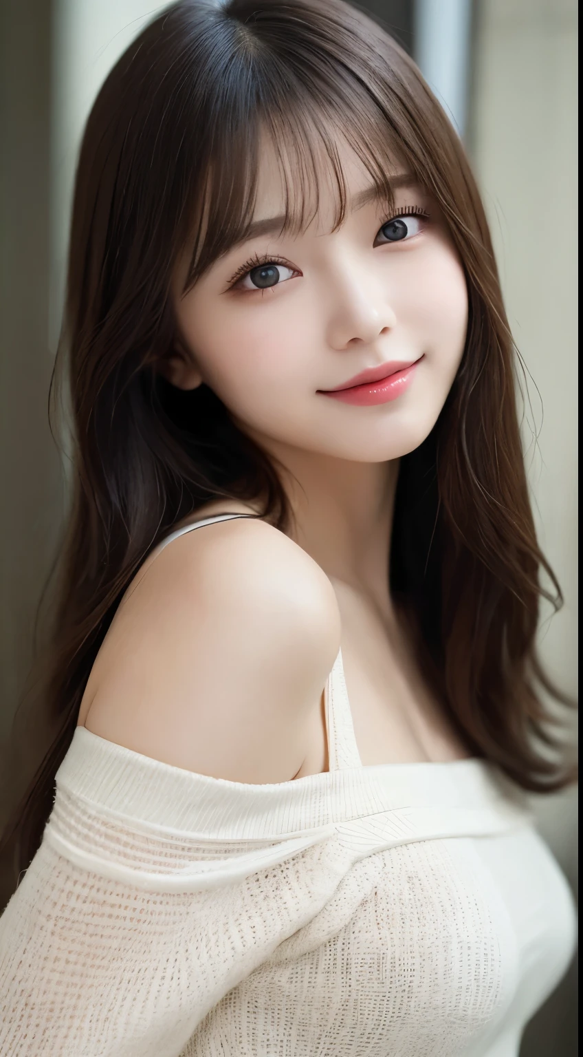 muste piece, highest quality, figure, super detailed, finely, High resolution, 8k wallpaper, 完璧なダイナミックな構figure, beautiful and fine eyes, long sleeve off shoulder,medium hair,small breasts,natural color lip, bold  pose,smile,latest office、20 year old girl、cute、sexy shot looking at camera,perfect and beautiful face and fingers,Take a close-up photo of your face,Take only the face、blur the background、anatomically and physiologically correct body、beautiful detailed face、perfect and beautiful double、small face