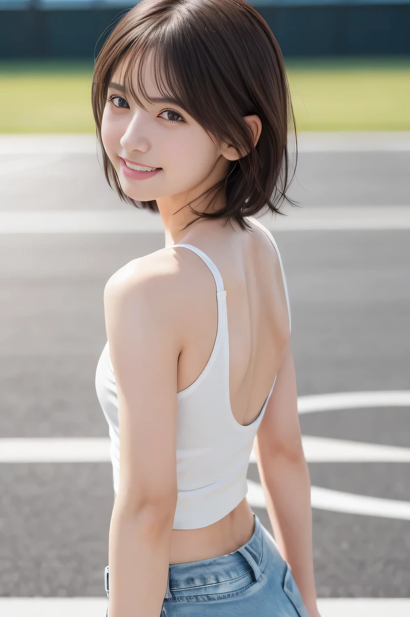 The beauty of 8K raw photos:2.0, short hair, great face and dark eyes, stare at the camera, lazy smile:1.6, show teeth, Show 1&#39;~ side, put your hands behind your head, standing model, dynamic pose, A dynamic pose,（white tank top, denim shorts:1.2)、wear sneakers:1.4, realistic:1.9, very detailed CG 統合 8k 壁紙, very detailed, High resolution raw color photos, professional photos,look forward to, Photographed at the athletics stadium, girl sexy portrait