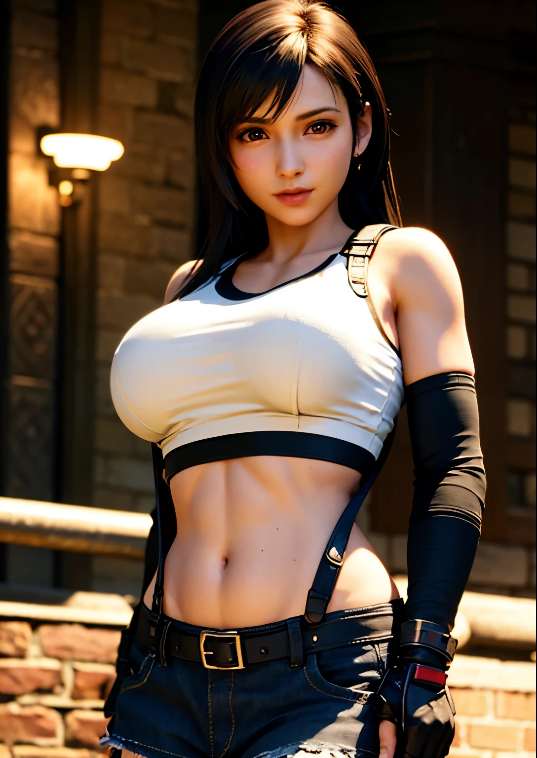 (, blush, 20yo, narrow eyes) (Photorealistic: 1.4), Solo, Top Quality, Very Delicate and Beautiful, High Definition, 1girl, tifa_lockhart, Smile, Cowboy Shot, Suspenders, Low Rise, Mini Skirt, Tank Top, Tense Shirt, Black Hair, Long Hair, Elbow Gloves, Beautiful Detailed Red Eyes, Face Light, Movie Lighting, Navel, ( gigantic breasts: 1.0), old bars, background blurred, fluttering hair, beautiful woman
