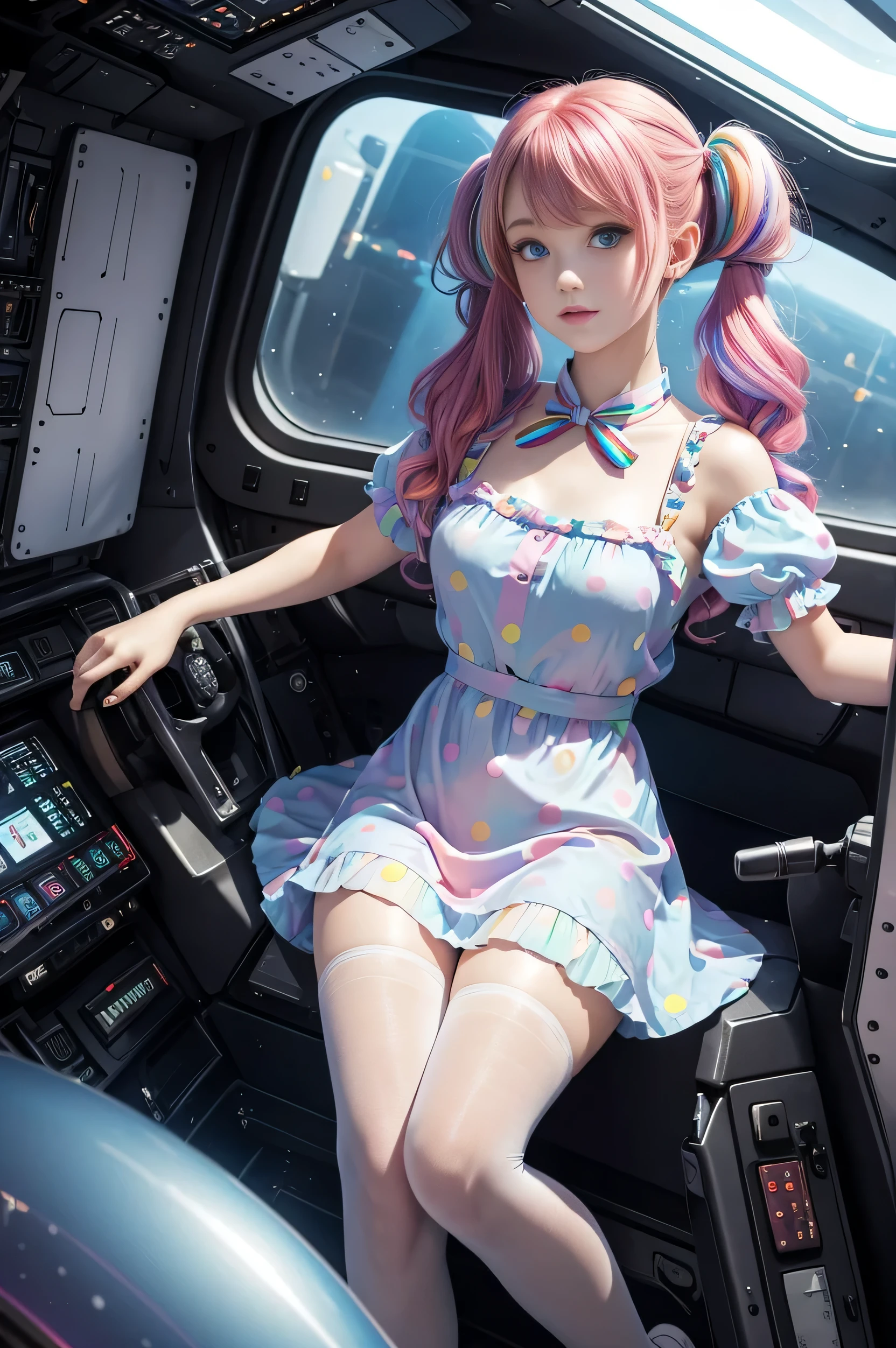 Cute redhead with rainbow colored hair tips, ribbons in her hair, 18-year-old woman, happy, in twin tails, perfect eyes, clear sparkling blue eyes, pale skin, silky smooth skin, flying a fancy metal luxurious space ship, futuristic cockpit, she's a pilot, dark warm lighting, wearing a futuristic party dress, pleated (chemise) mini dress (pastel rainbow colors, and polka dots), puffy sleeves, silk, wearing full body pantyhose, cute short cut booties.