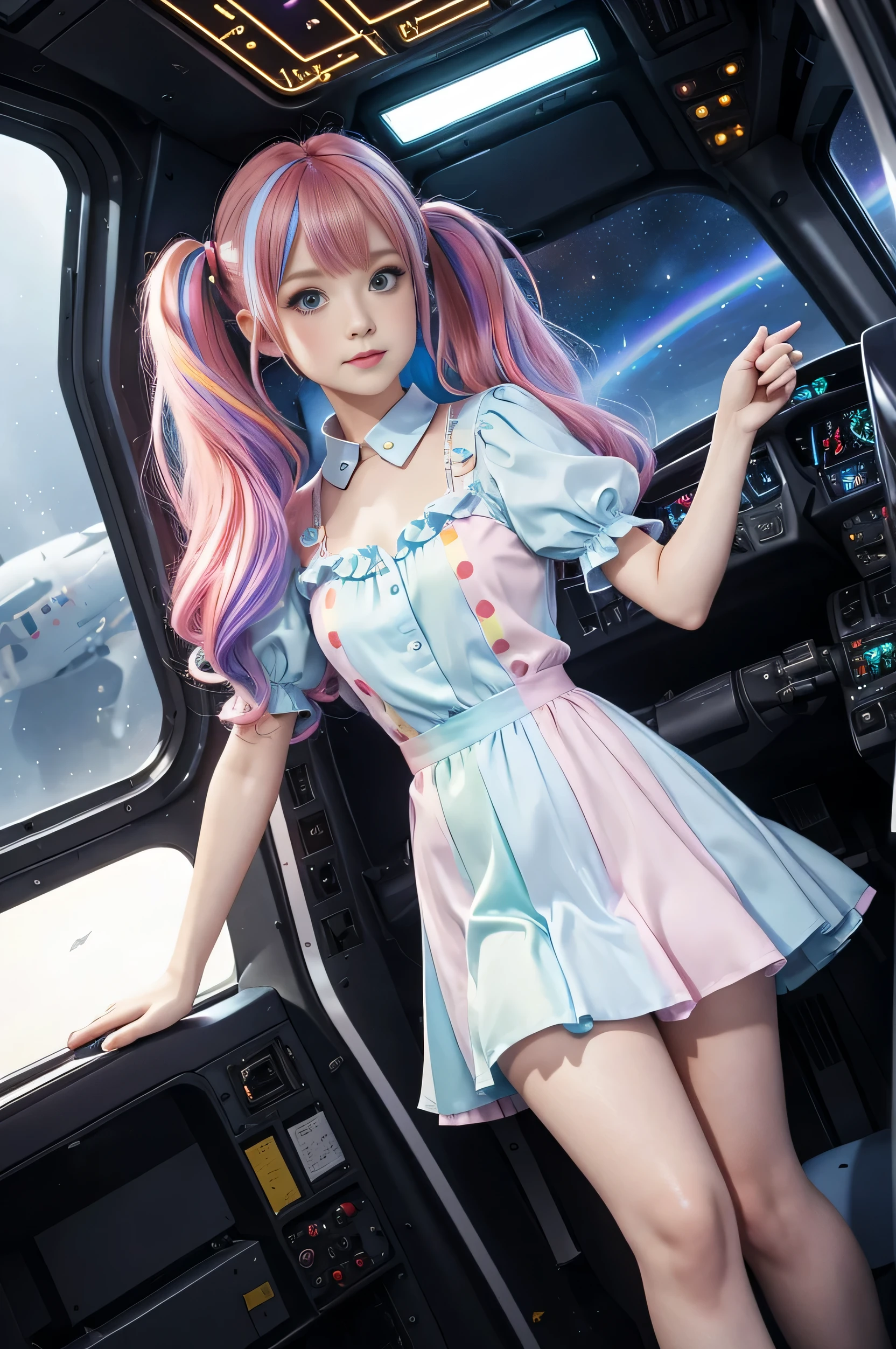 Cute redhead with rainbow colored hair tips, ribbons in her hair, 18-year-old woman, happy, in twin tails, perfect eyes, clear sparkling blue eyes, pale skin, silky smooth skin, flying a fancy metal luxurious space ship, futuristic cockpit, she's a pilot, dark warm lighting, wearing a futuristic party dress, pleated (chemise) mini dress (pastel rainbow colors, and polka dots), puffy sleeves, silk, wearing full body pantyhose, cute short cut booties.