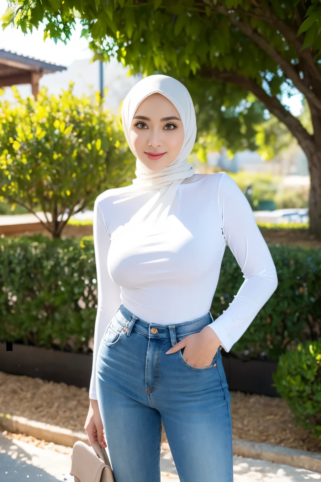 beautiful hijabi, slim, tall, big breast, mature woman, (see through white delicate tight long sleeves shirt, pencil jeans), seductive pose, in the backyard, high heels, hands grabbing breast, hand on breast
