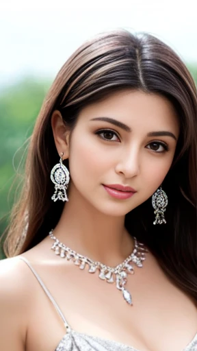 Lebanese lady, diamond dangling earrings, necklace, bracelets, small breasts, 40 years old, cleavages, innocent face, silk dress