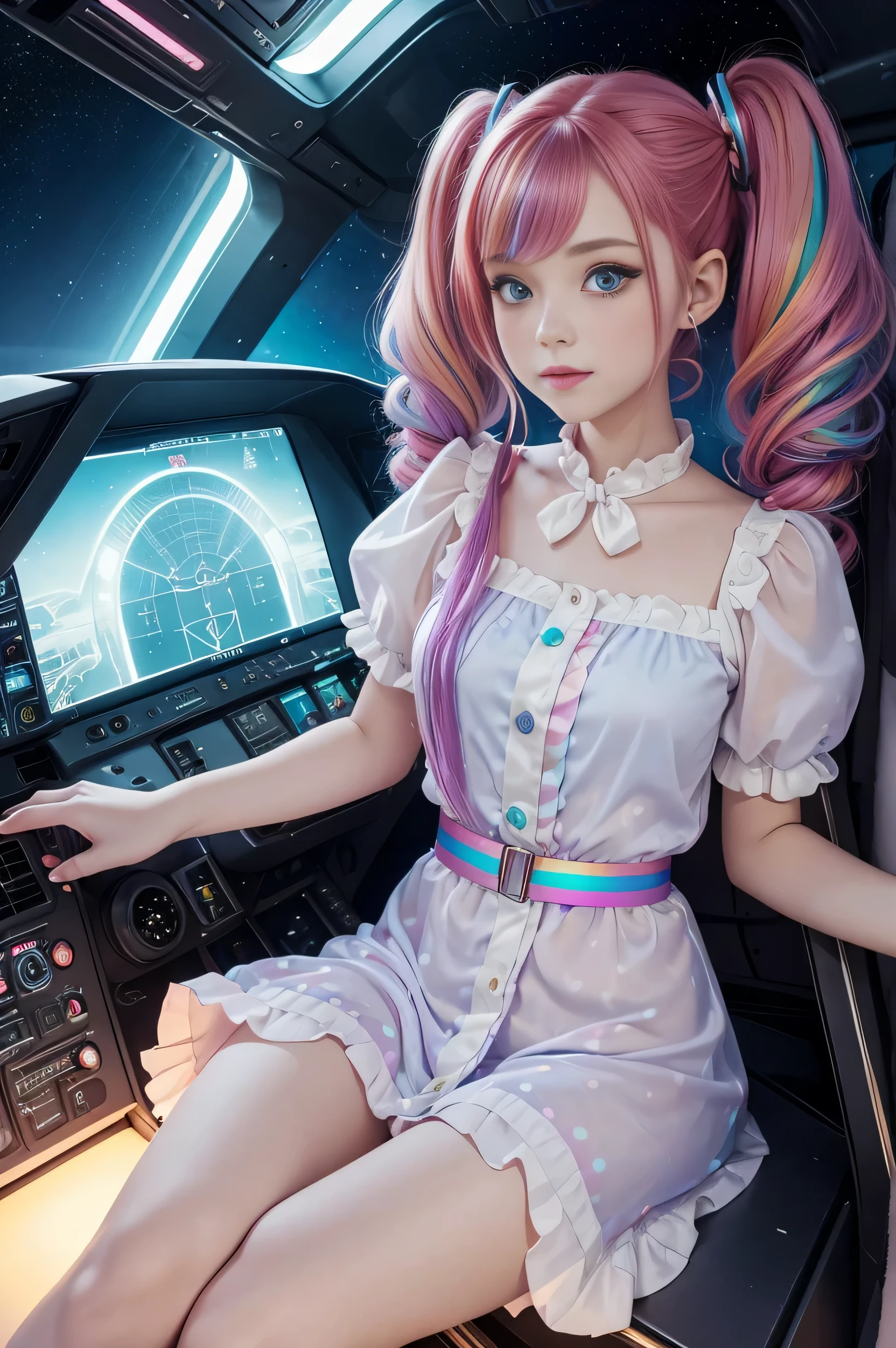 Cute redhead with rainbow colored hair tips, ribbons in her hair, 18-year-old woman, happy, in twin tails, perfect eyes, clear sparkling blue eyes, pale skin, silky smooth skin, flying a fancy metal luxurious space ship, futuristic cockpit, she's a pilot, dark warm lighting, wearing a futuristic party dress, pleated (chemise) mini dress (pastel rainbow colors, and polka dots), puffy sleeves, silk, wearing full body pantyhose, cute short cut booties.