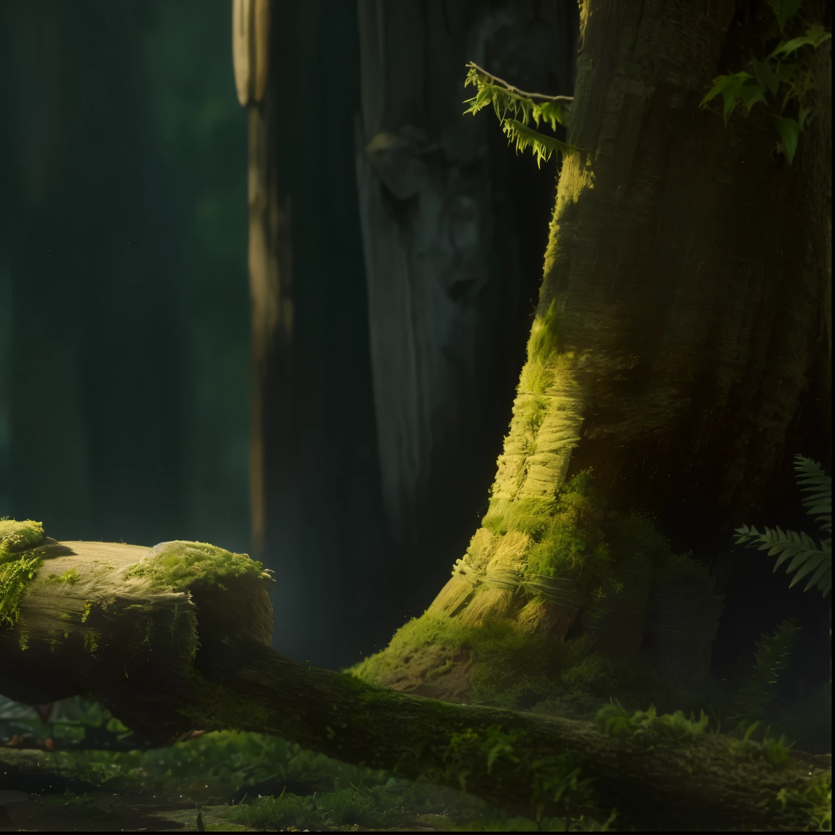 reality，Tree叶，moss，Tree，Light，fog forest，Cinematic quality，8k