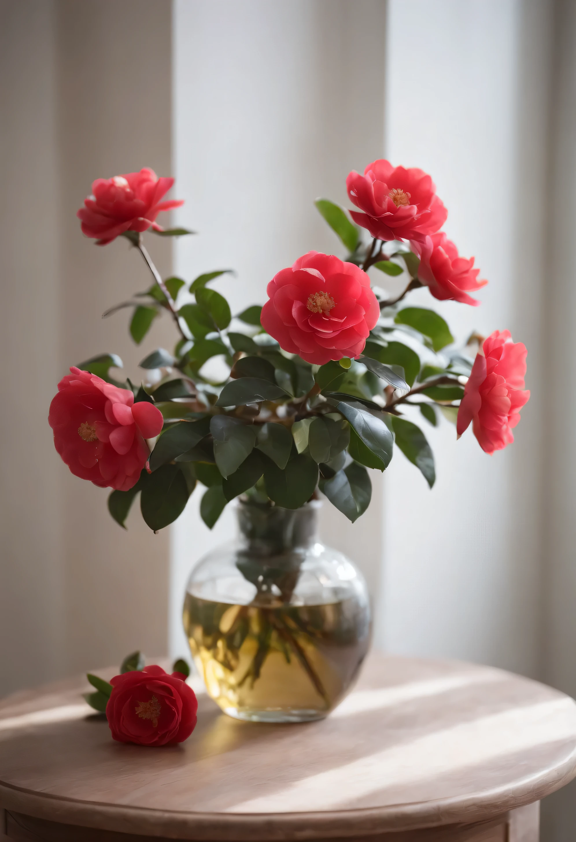 There a vase on the table,Insert a winter-hardy red camellia, white wall table, Realistic flower oil painting, platonic ideal of flowers, beautiful composition, Still Life Photography,