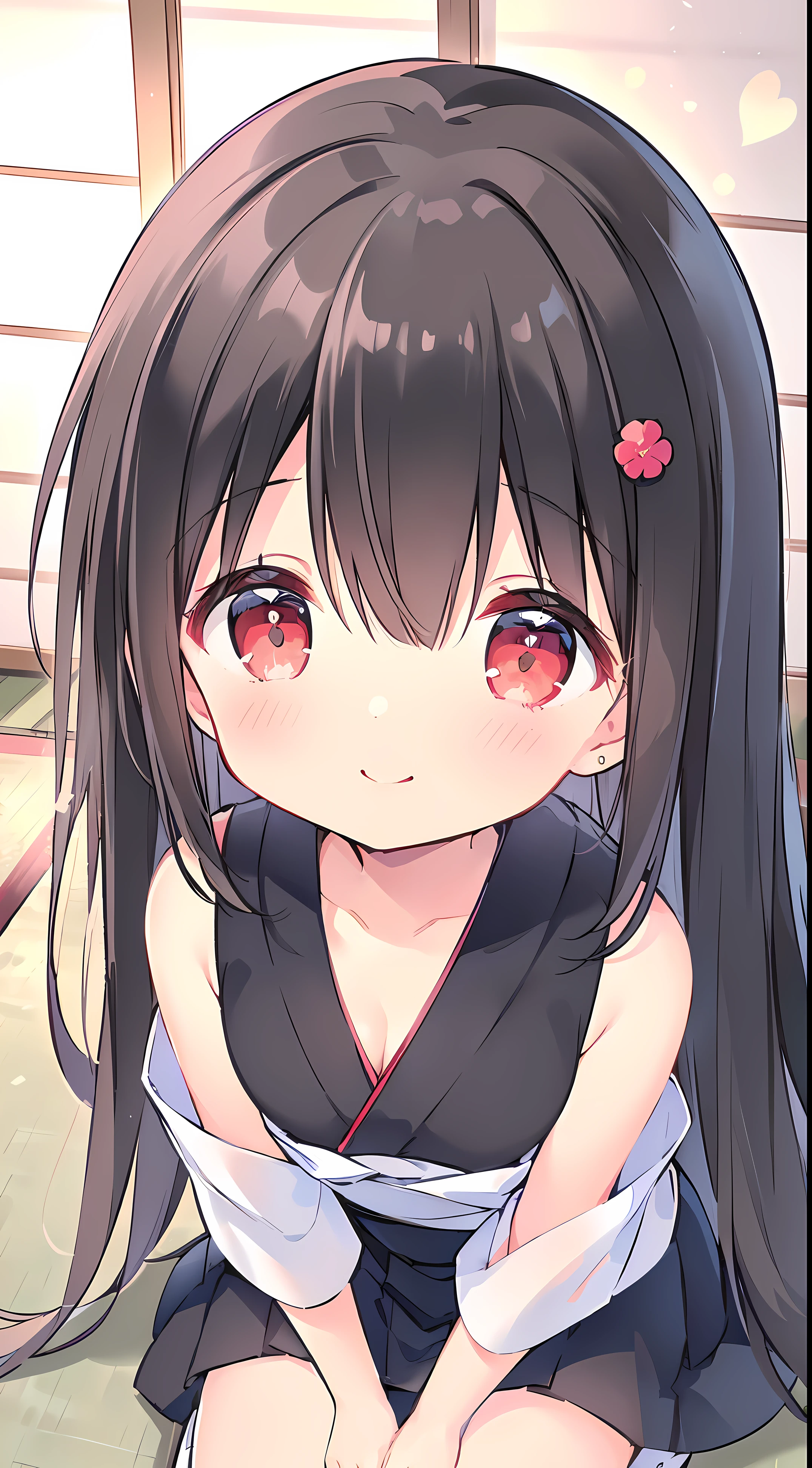 (little girl, wearing traditional shoulderless yukata with floral furisode sitting on knees in a tatami offers earpicking to viewer:1.5), (gentle housewife, small girl, full body, depth of view, petite and short figure girl, cute and little girl, perfect woman, medium cleavage, mature aura:1.2), (masterpiece, best quality, HD Pictures, 4K:1.1), outdoor, ((very long hair, bangs, gentle look, gentle smile, gentle eyes, mature looking, pinkish cheeks, very detailed eyes, very detailed pupils, very detailed ridiculously long black hair, detailed face, detailed ruby red eyes)), full body, look up to viewer, detailed long black hair, (happy gentle face, warm smile, blushing red cheeks:1.3)
