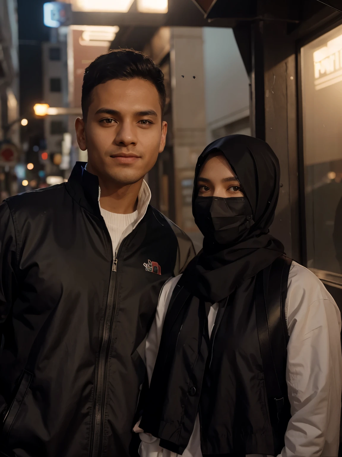 A boy and a girl is standing, The girl is wearing a mask and a black hijab,realistic face,HD,8k