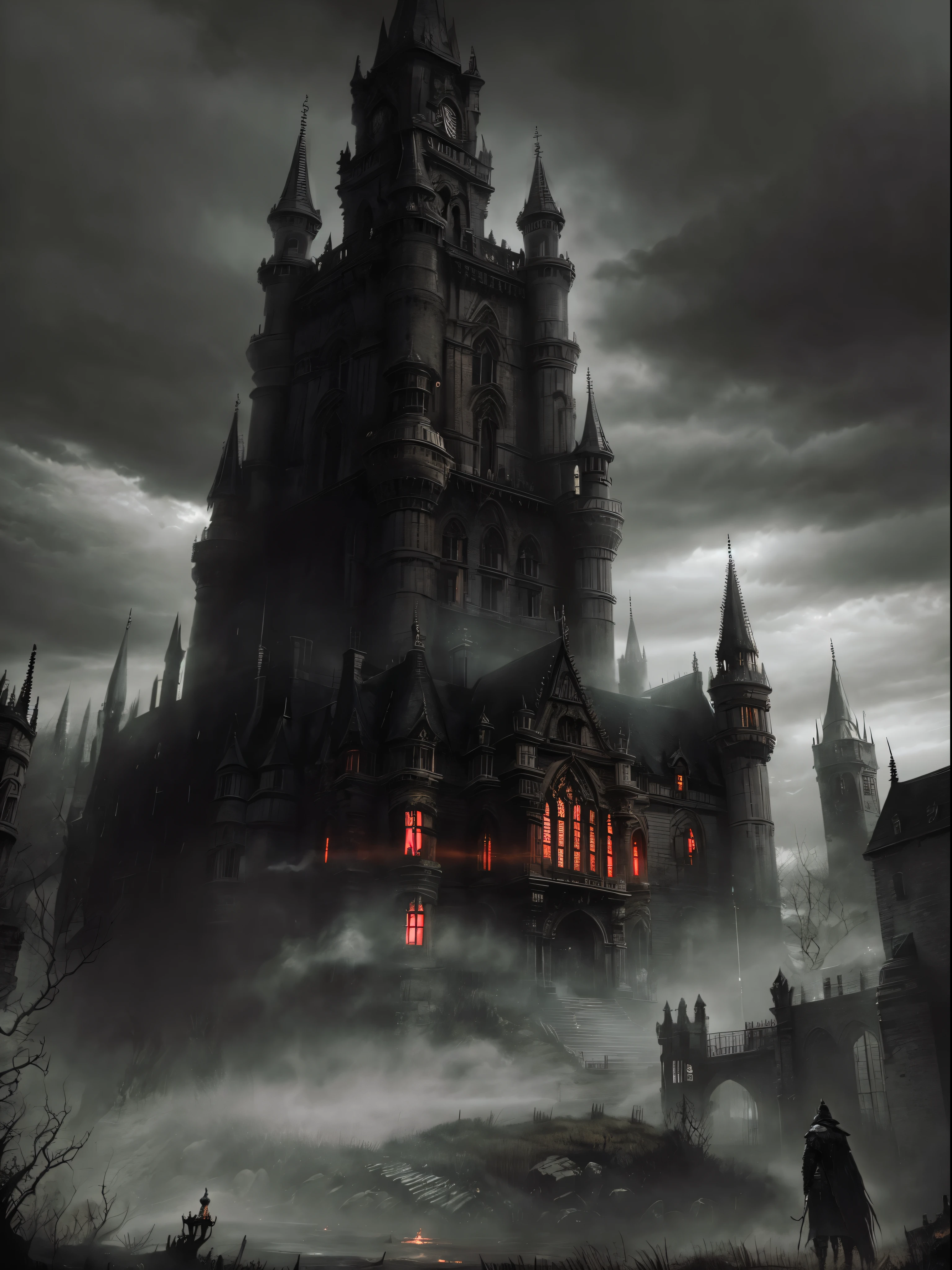 Bloodborne, Victorian, smoke, mist, black monochrome, gloomy, dark clouds, castle, red lights