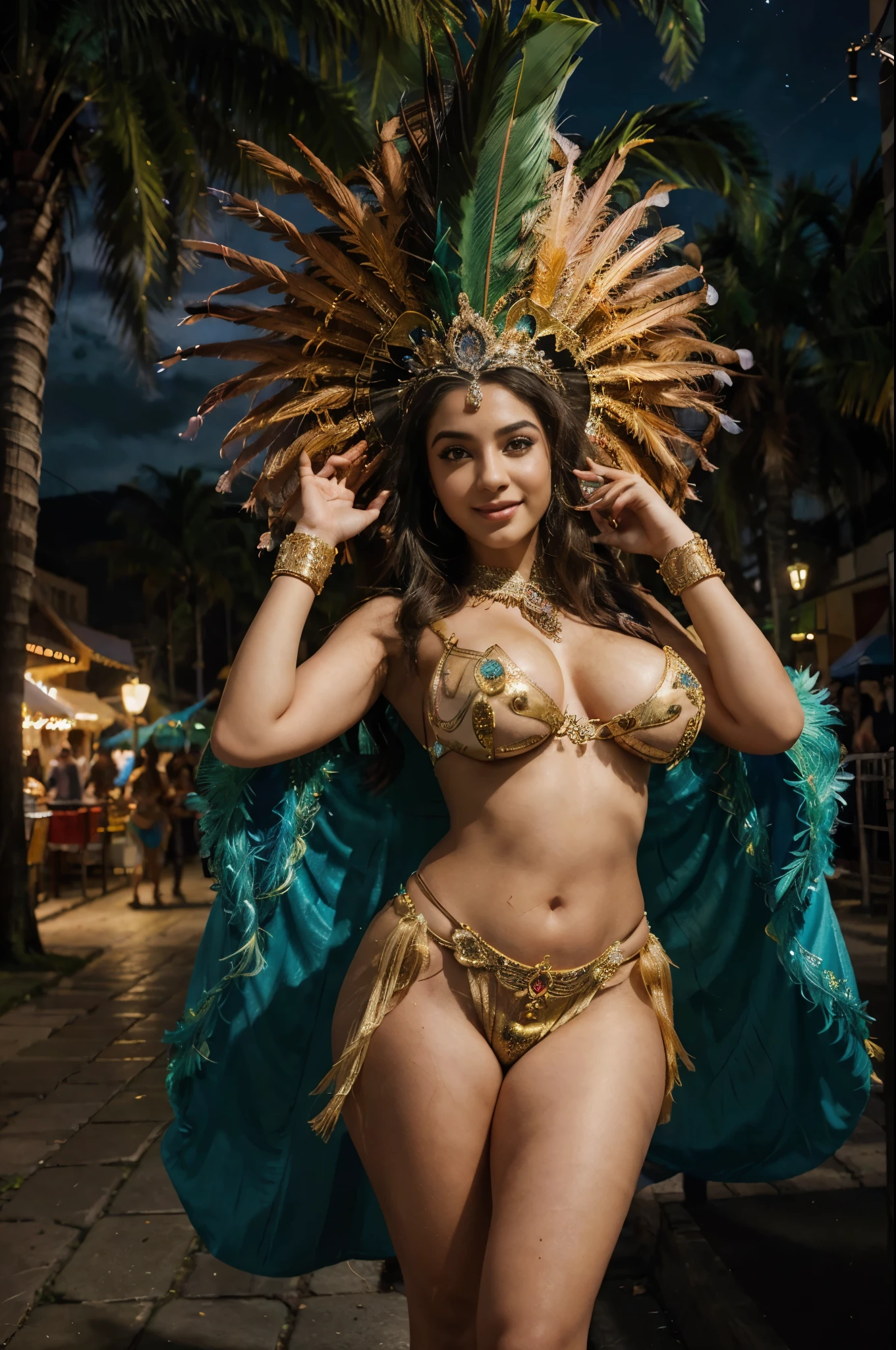 Fantasy setting, bright lights, night scene, rio cranival style, carnival costume, (wearing samba dance dress:1.2), exotic feather costume, cranival parade, outdoor, street background, night sky, romantic and seductive, moonlight, wide angle photo of a Maya Ali, beautiful legs, realistic body parts, cheeks, curvy, big breasts, Hollywood lips, long hair, look at viewer and smile, pleasant mood, calm color palette, vibrant colors, unified 16k wallpaper, ultra realistic, intricate details, masterpiece, (cinematic:1.3), (ArtStation:1.2)