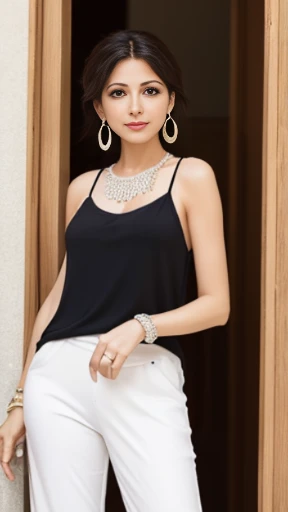 Lebanese lady, diamond dangling earrings, necklace, bracelets, small breasts, 40 years old, cleavages, innocent face, white tank top, building office, camisole, pants