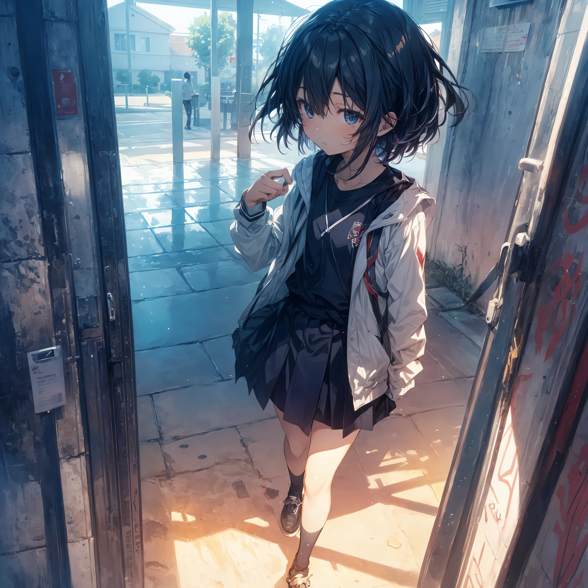 ultra-Top-quality by art God, ultra-detailed, high resolution, shinkai makoto style, anime moe artstyle, best anime 8k konachan wallpaper, pixiv contest winner, perfect anatomy, break,(Please draw a girl walking sleepily to school alone. ),break, a hyperrealistic schoolgirl, (Solo,Loli,child,13-year-old:1.3),Full limbs, complete fingers,a junior high school student, androgynous charm, (Very very Short hair), messy hair, flat soft chest, Small butt, groin, Small eyes,beautiful detailed black eyes, well-proportioned iris and pupils, disgusted eyes, highres detailed hair, school Uniform, skirt, in the School commute route. break,super detailed skin, Best lighting powered by famous artist, 8k, illustration,