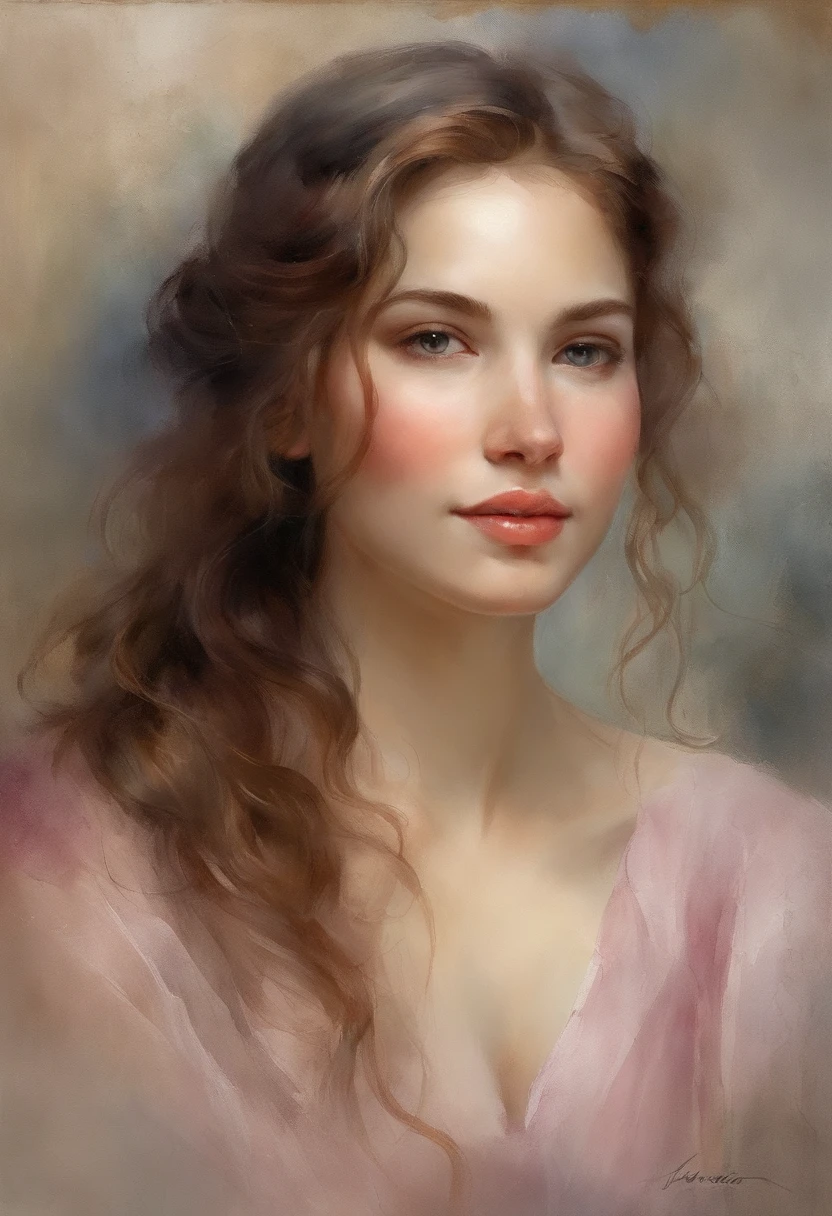 Imagine a watercolor portrait of a young woman with a calm expression. This picture 、Captures the delicate play of light and shadow in her features. Her eyes are a seductive shade of deep blue, Eta、They seem to have a hint of distant memory. The artist's skillful brushwork、Brings out the subtle texture of her skin, Give realistic quality. The subject's lips are softly painted in a natural pink shade, And a gentle smile adorns her face. Sprigs of her wavy reddish-brown hair surround her face, Beautiful harmony with dreamy things, Ethereal background in soft pastel colors. The overall atmosphere of the painting udes a sense of tranquility and introspection.