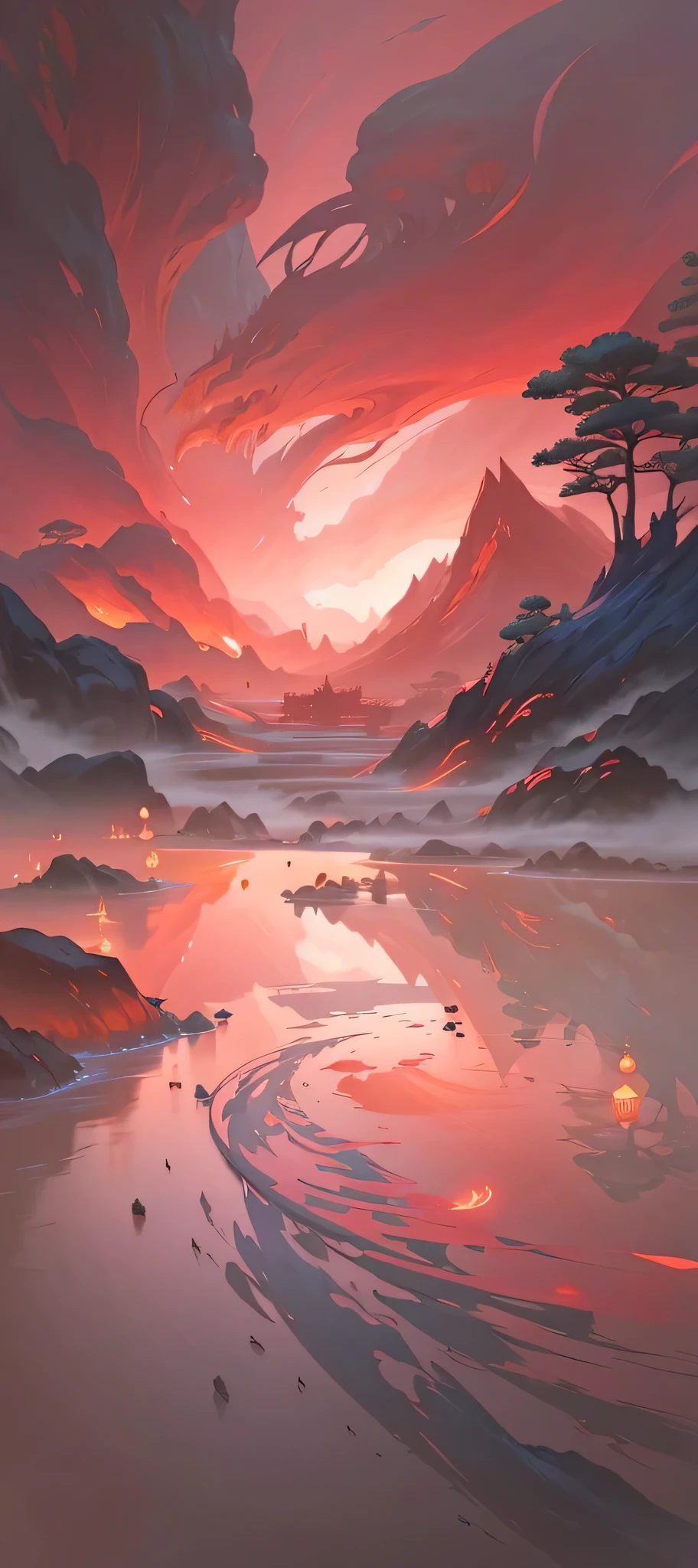  Onmyoji detailed art, Concept art magical highlights, g liulian art style, background art, by Shitao, Inspired by Zhu Feng, Onmyoji, A beautiful artistic illustration, Illustration concept art, author：Yang Jie, by Qu Leilei, Ross Tran. landscape background